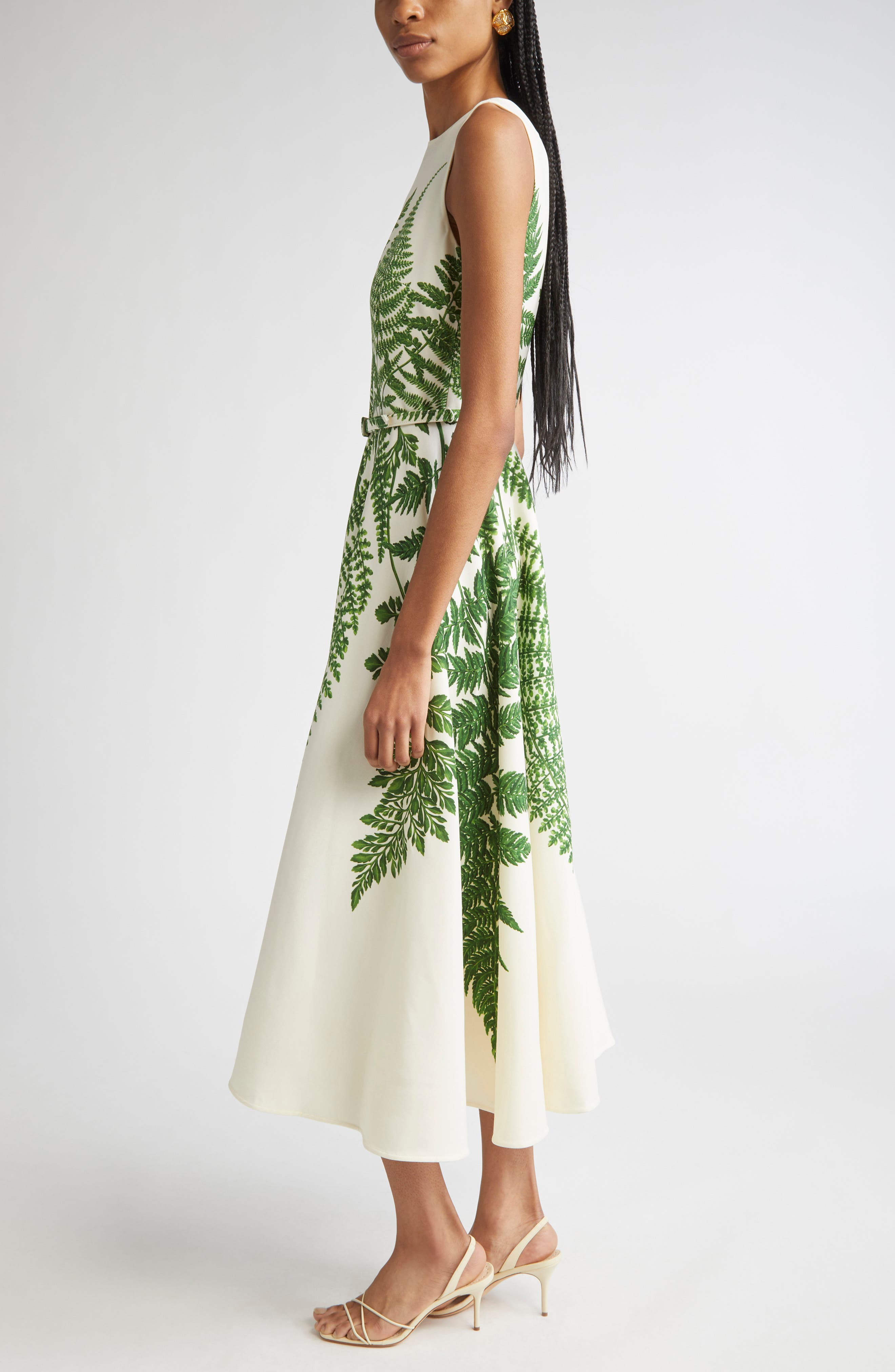 Oscar de la Renta Placed Fern Print Wool Blend A-Line Dress in Green/Ivory at Nordstrom - 3