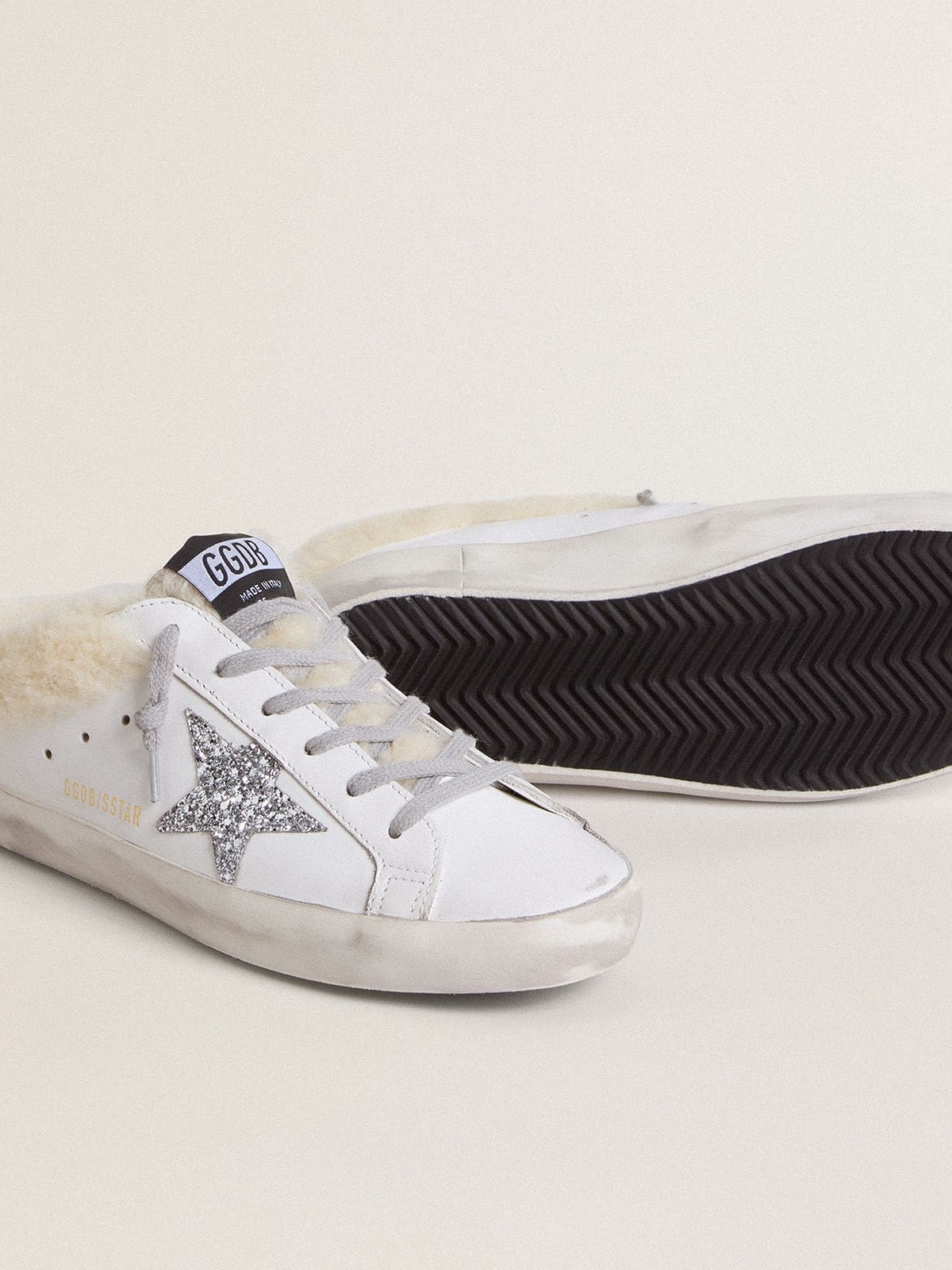 Super-Star Sabots in white leather with shearling lining and silver star - 3