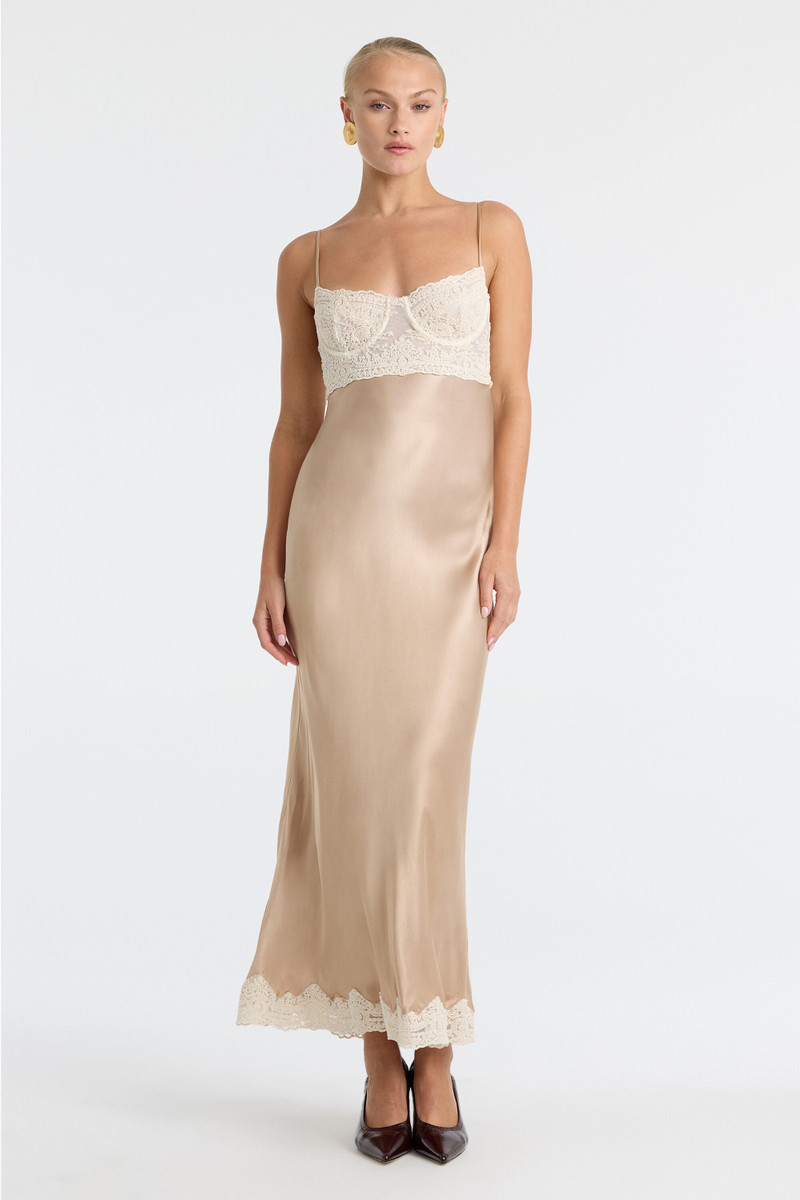 BARDOT Tzariana Satin Lace Midi Dress In Golden outlook