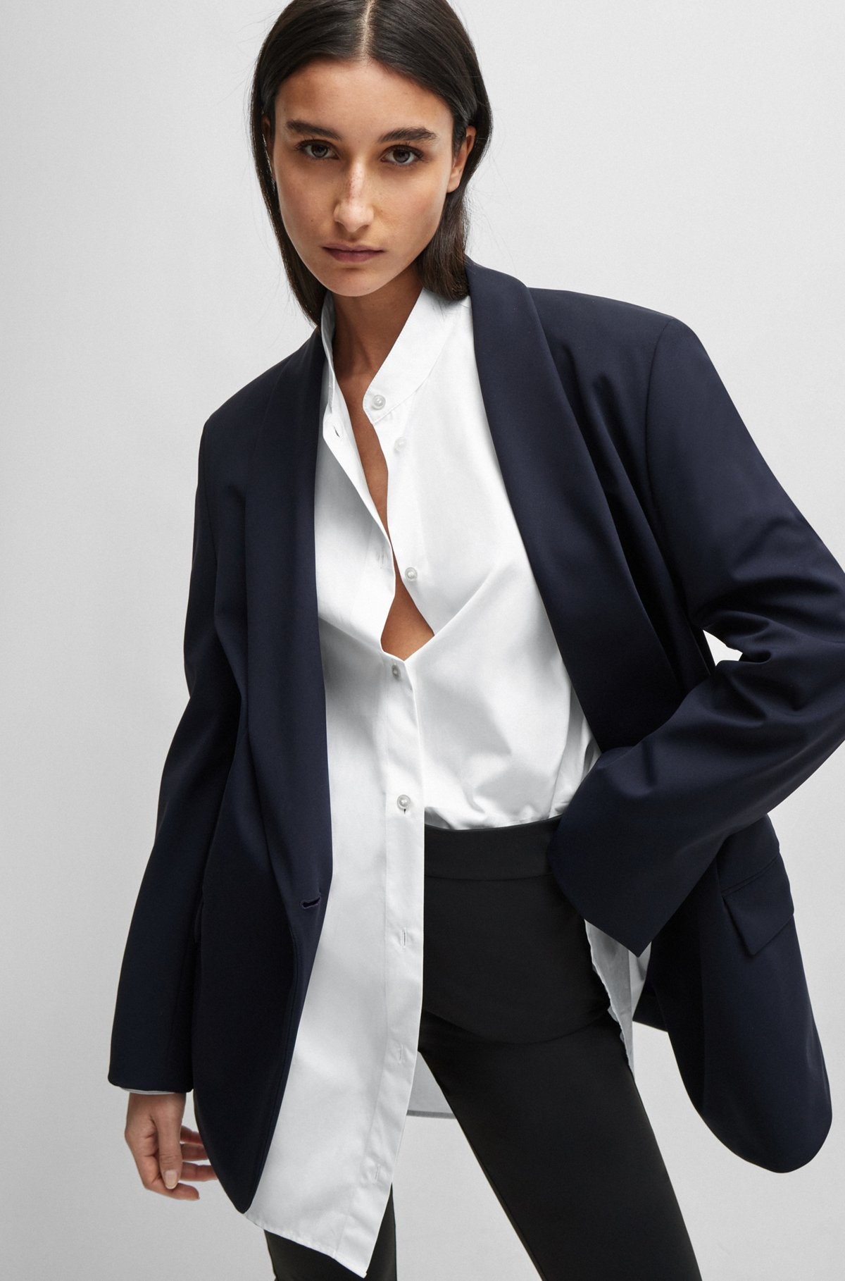 NAOMI X BOSS LONGLINE COTTON BLOUSE WITH CRINKLE-FREE EFFECT - 6