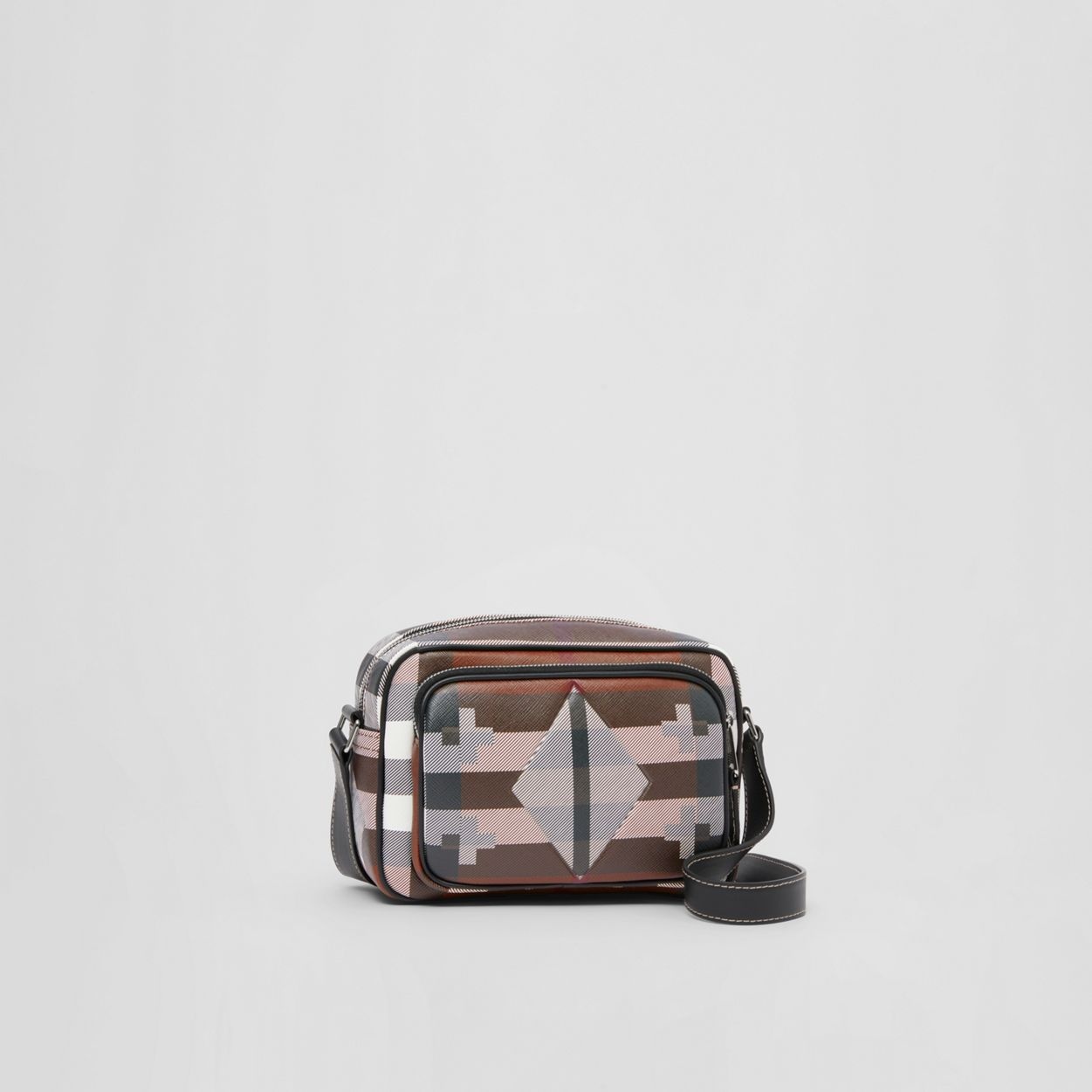 Geometric Check and Leather Crossbody Bag - 7