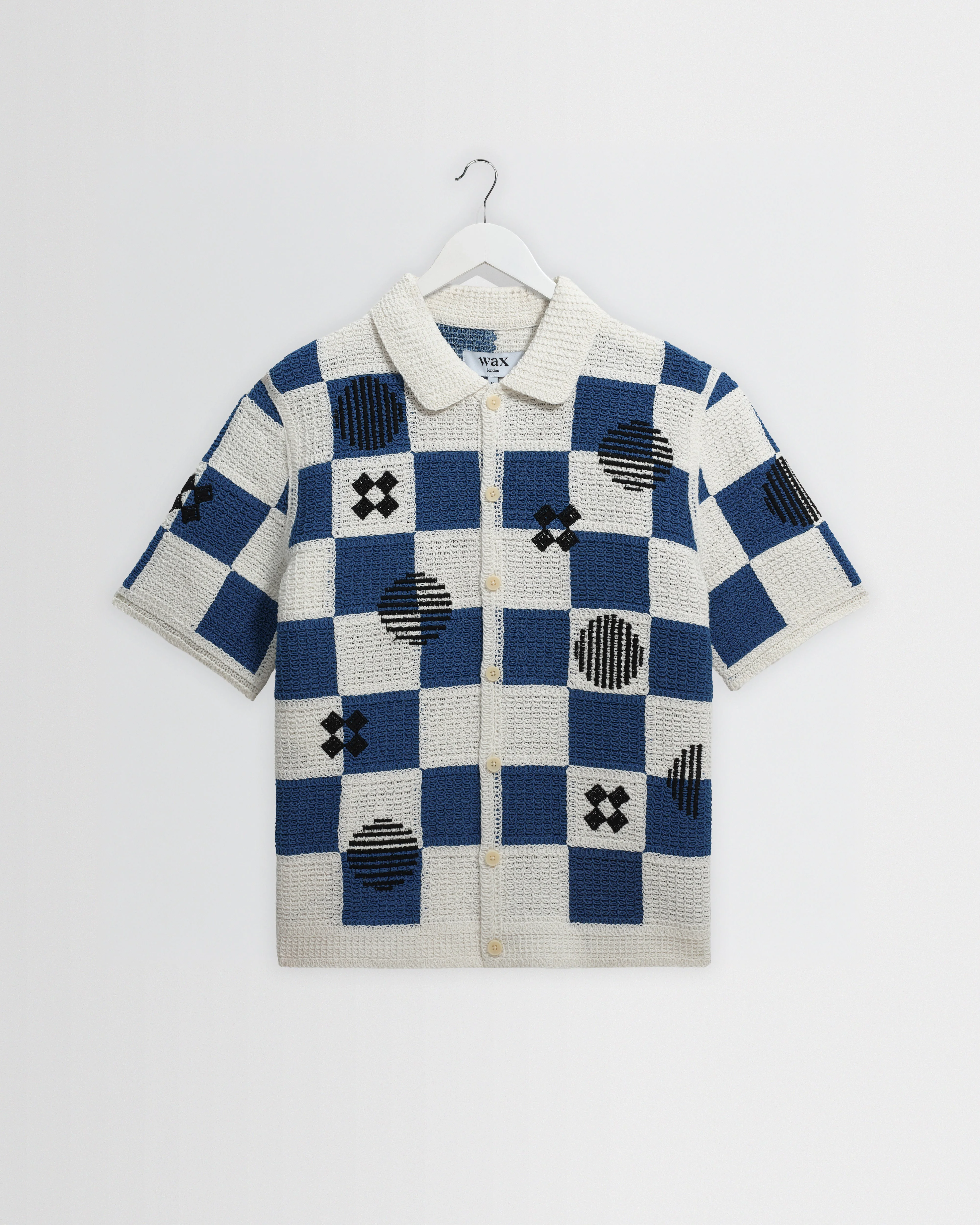 Porto - Ecru And Blue Square Crochet Knitted Shirt - 1