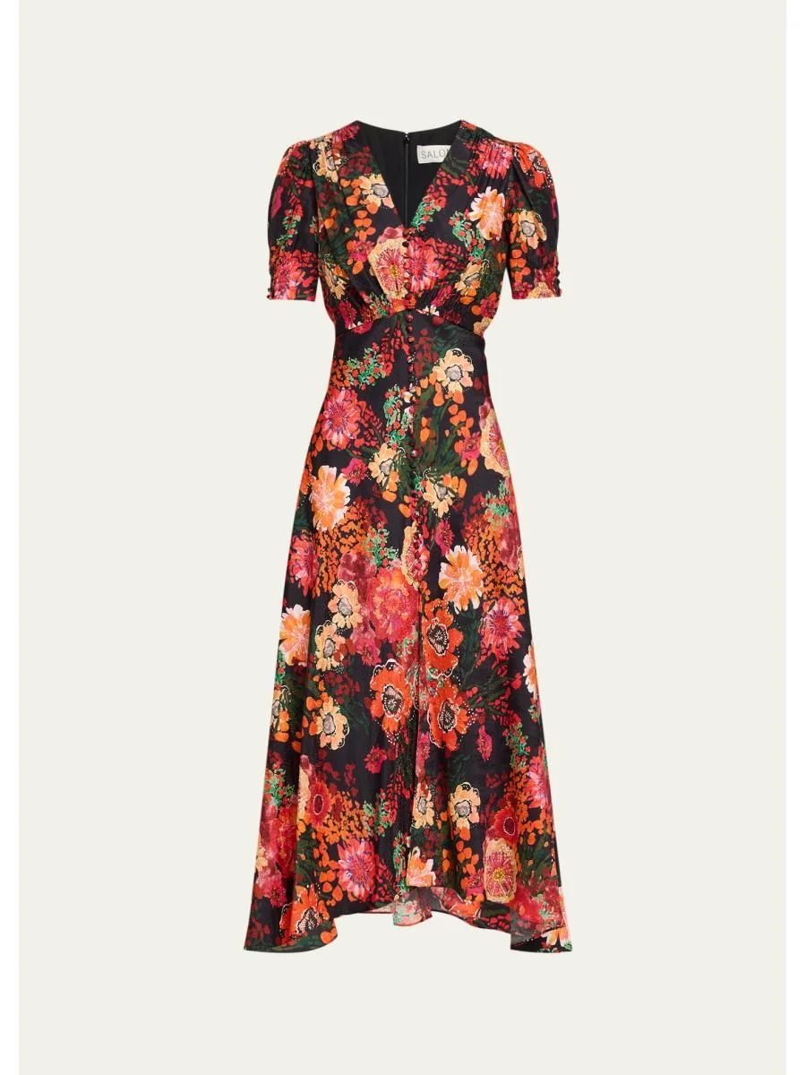 Lea Floral Silk Jacquard Button-Front Midi Dress - 1