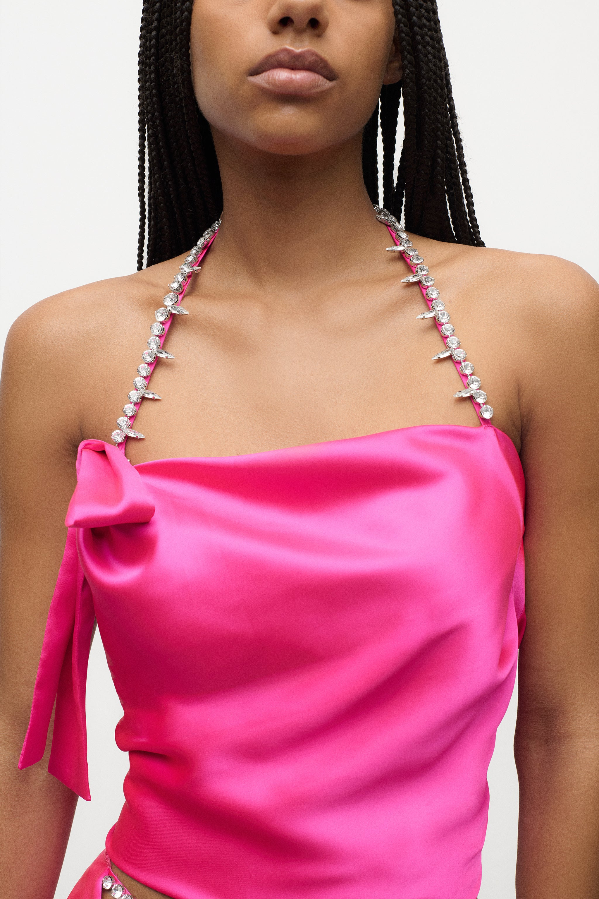 CRYSTAL EMBELLISHED SATIN HALTER TOP - 5