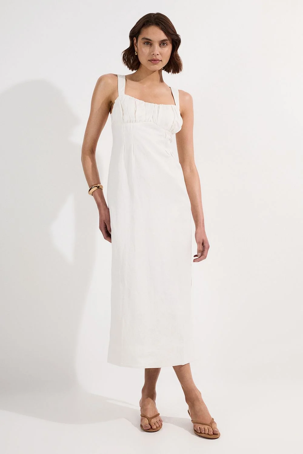 Viscose Linen Ruched Detail Strappy Woven Midi Dress - 1