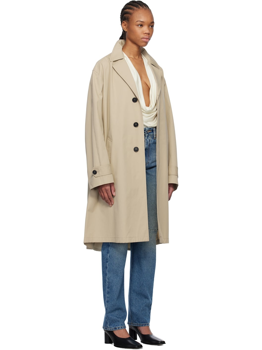 Beige Spliced Cotton Gabardine Trench Coat - 2
