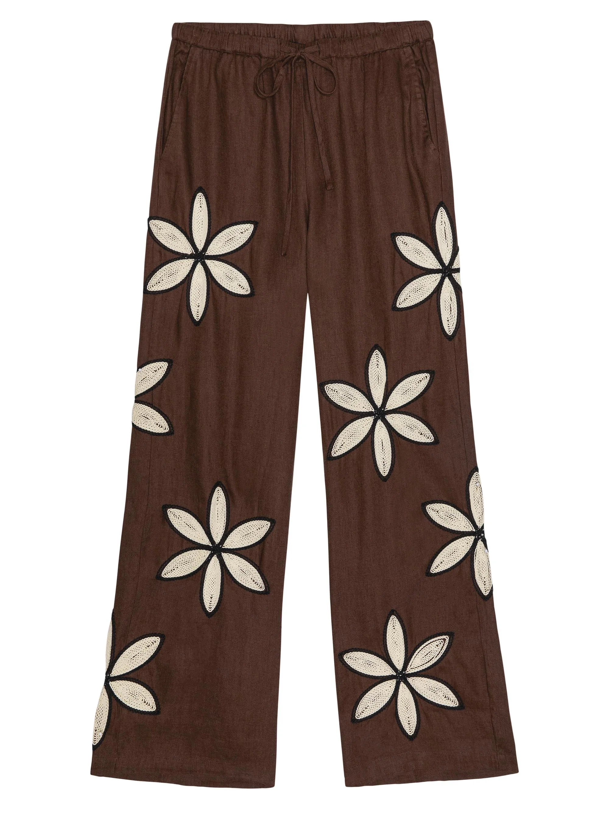 Women's Emmie Crochet Floral Linen Pants - Cocoa Floral Embroidery - 1