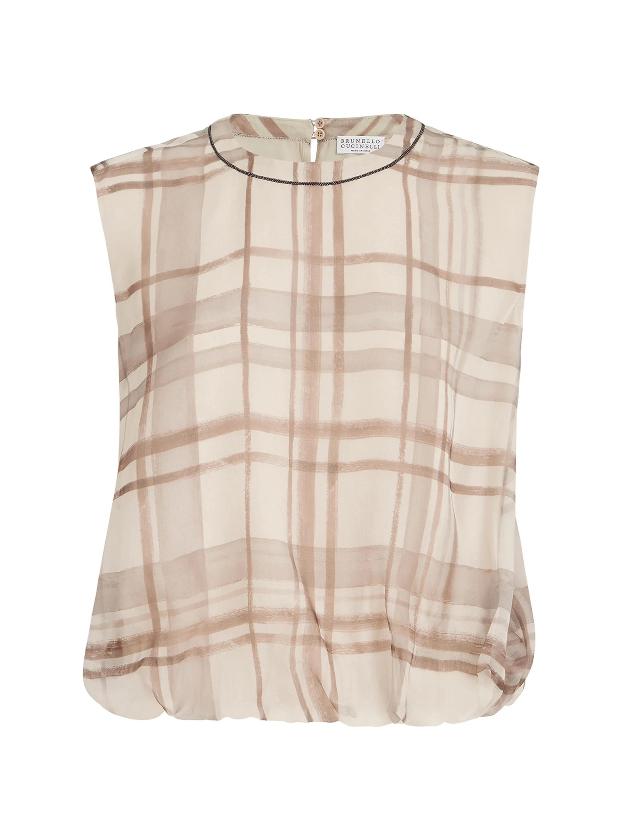 Women's Silk Organza T-Shirt in Macrocheck Print with Shiny Neck Detail - Beige - 1