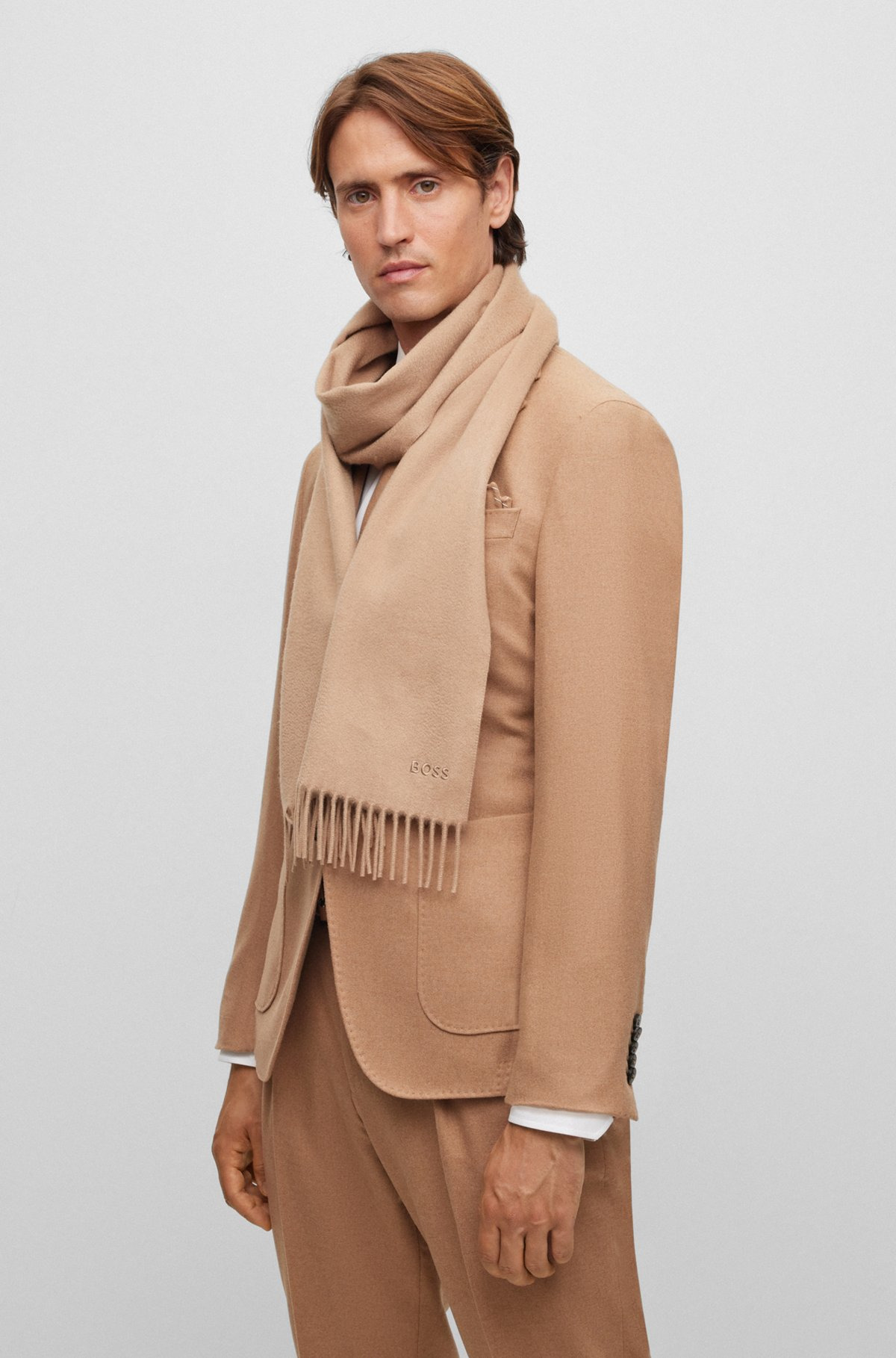 FRINGED SCARF IN PURE ITALIAN CASHMERE WITH EMBROIDERED LOGO - 2