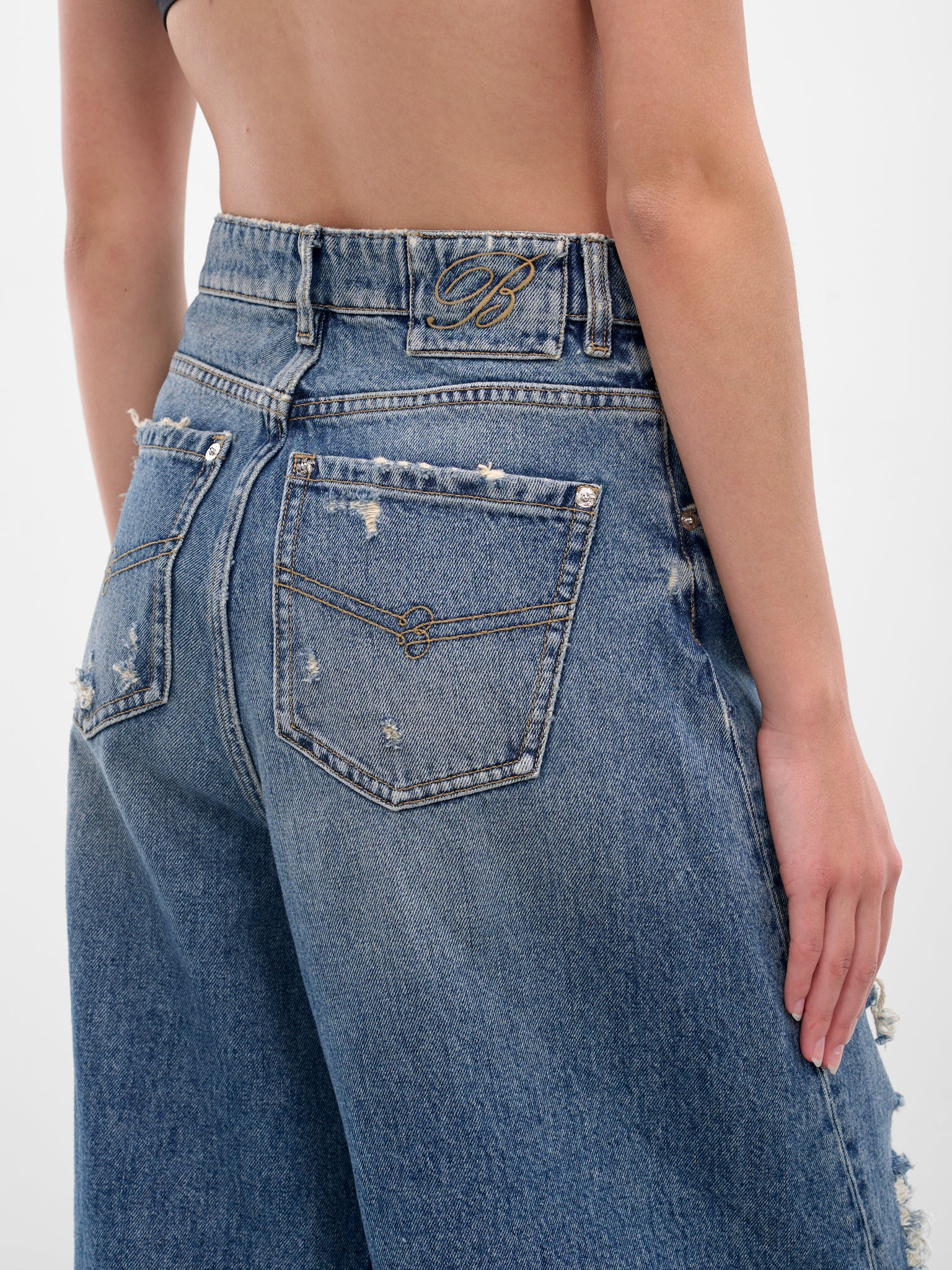 Blue Distressed Boyfriend Wide Jeans - 4
