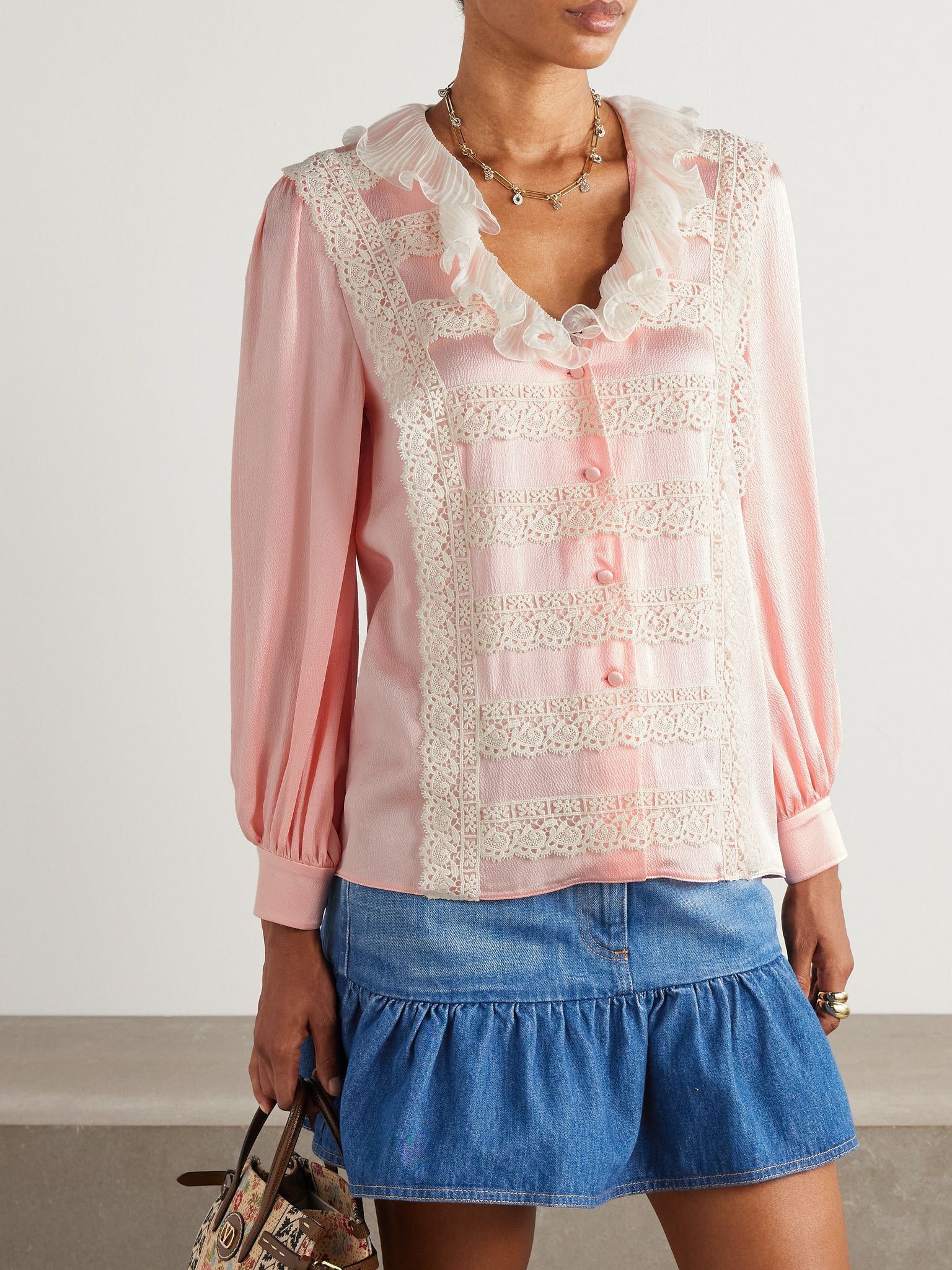 Lace and plissé chiffon-trimmed silk-crepe blouse Pink - 3
