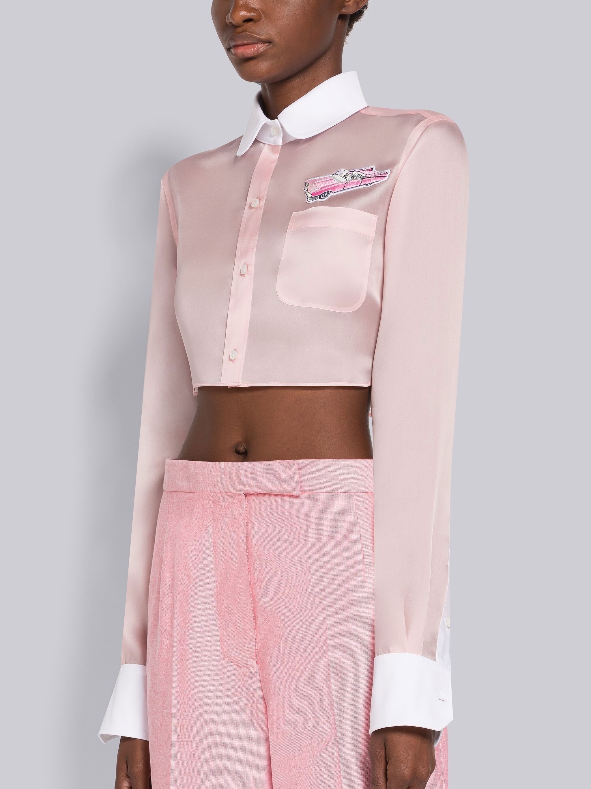 Double Satin Organza Combo Cropped Round Collar Shirt - 2