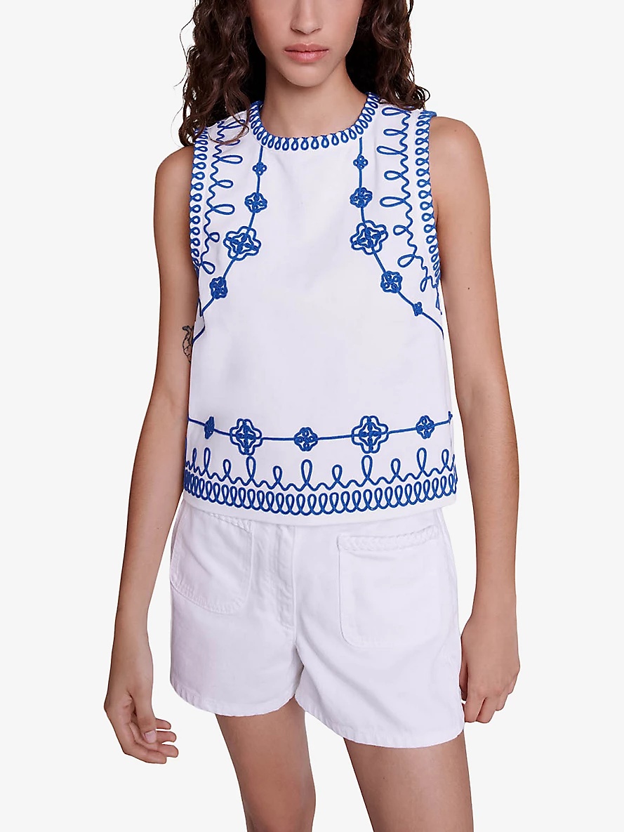 Embroidered sleeveless stretch-cotton top - 5