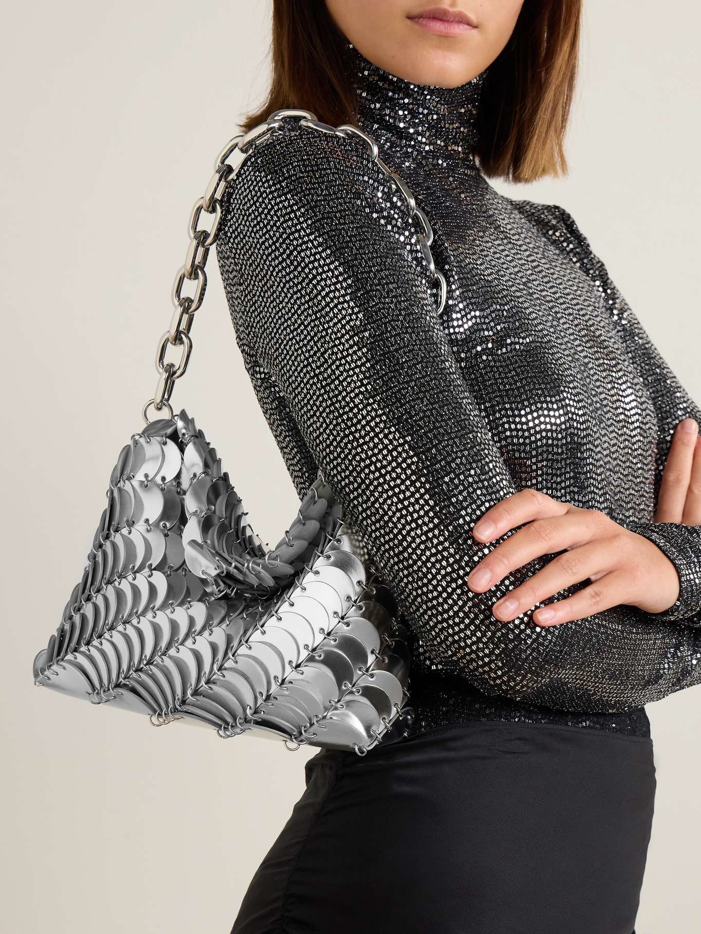 Embellished metallic leather shoulder bag Silver - 2