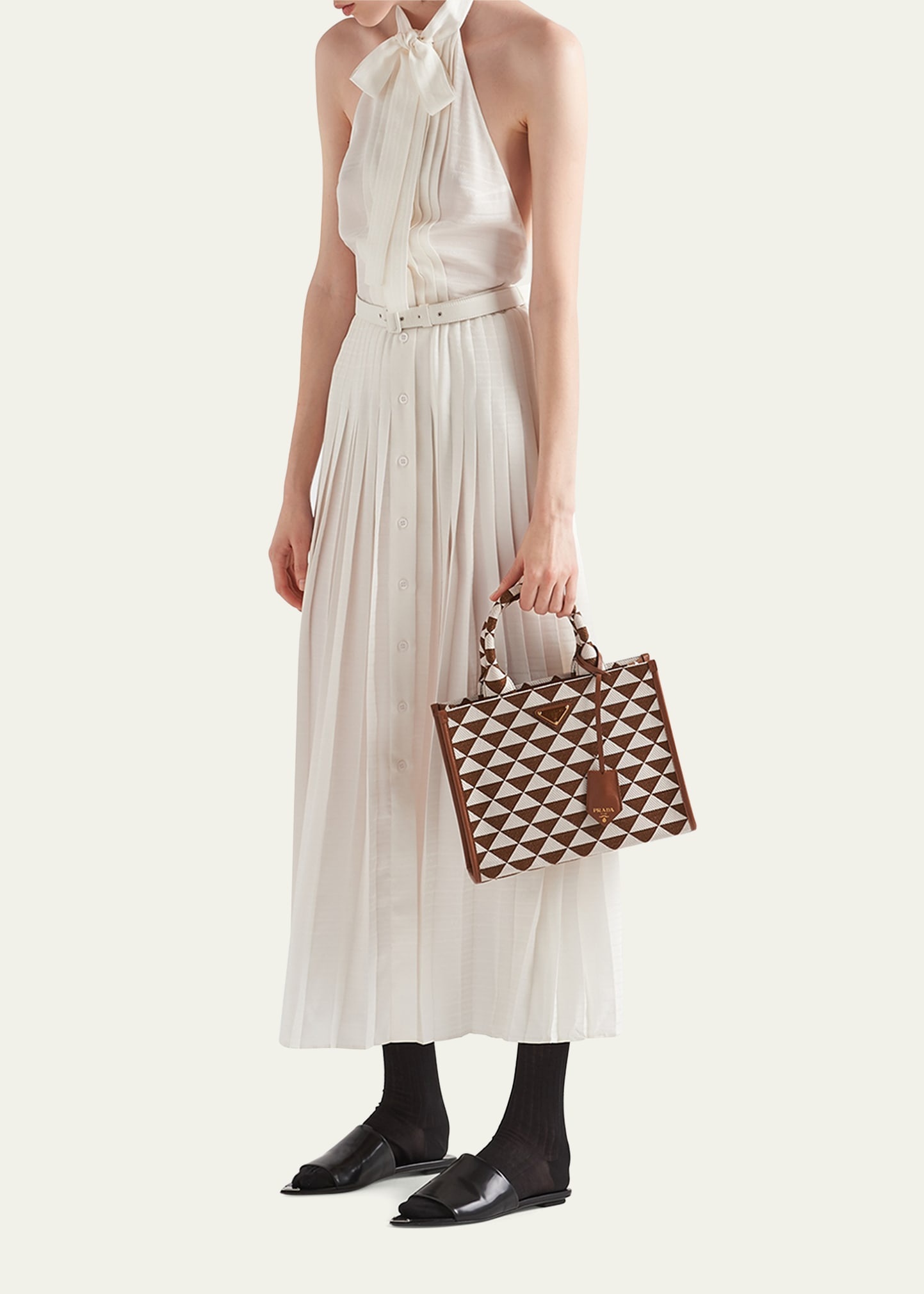 Halter Pleated Silk Belted Dress - 2