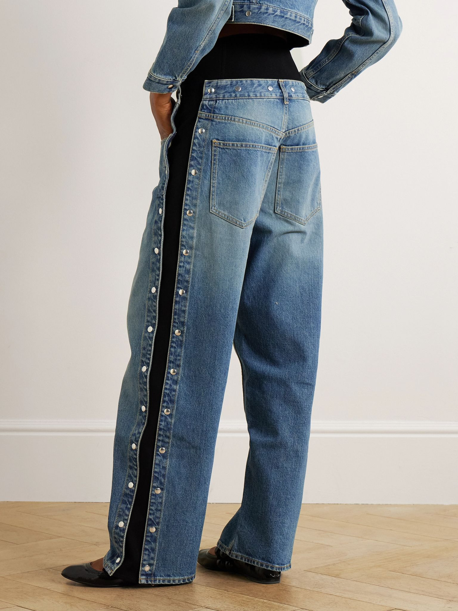 Studded jersey-trimmed high-rise wide-leg jeans Blue - 4