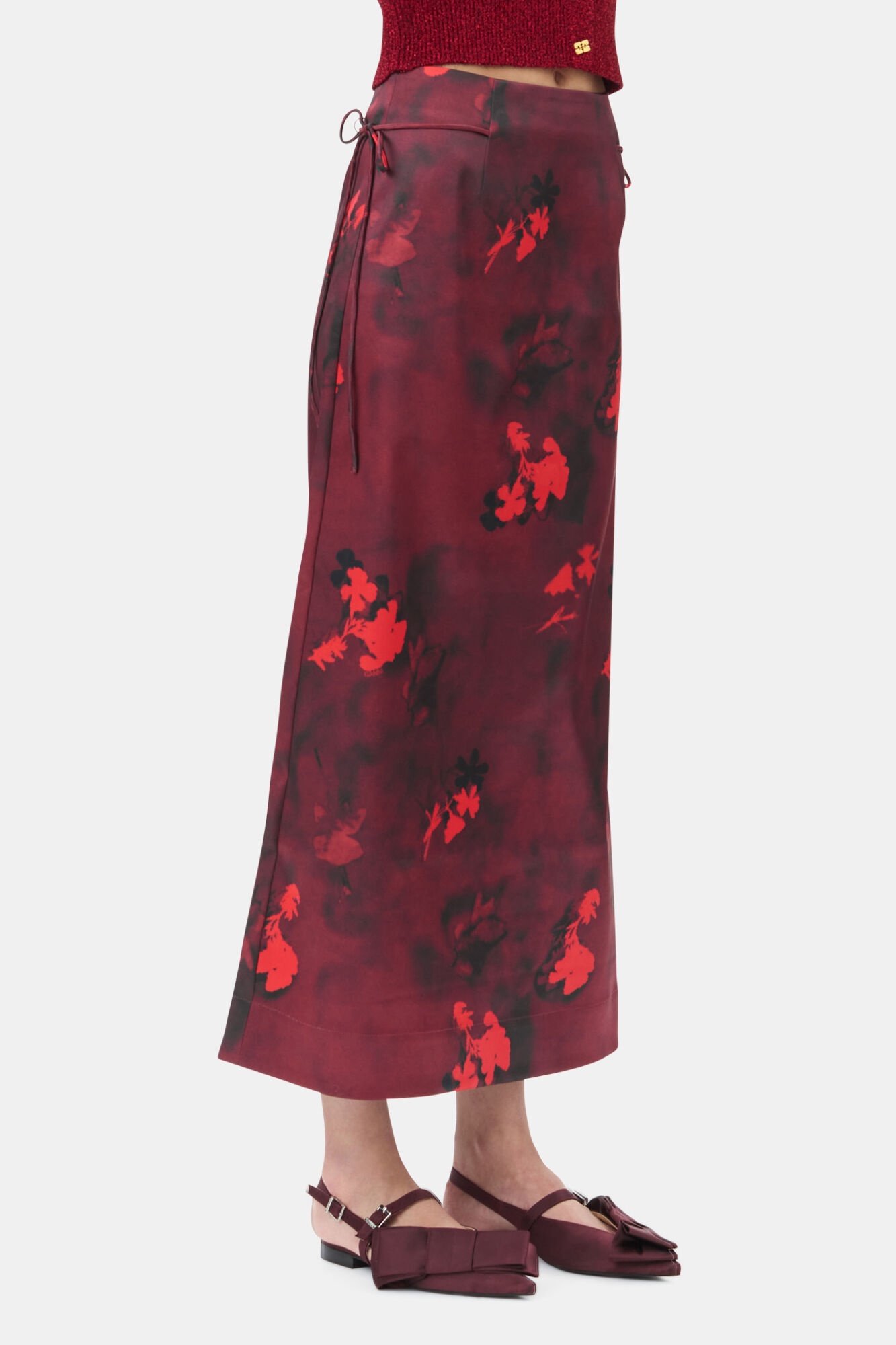 RED PRINTED SATIN MAXI SKIRT - 3