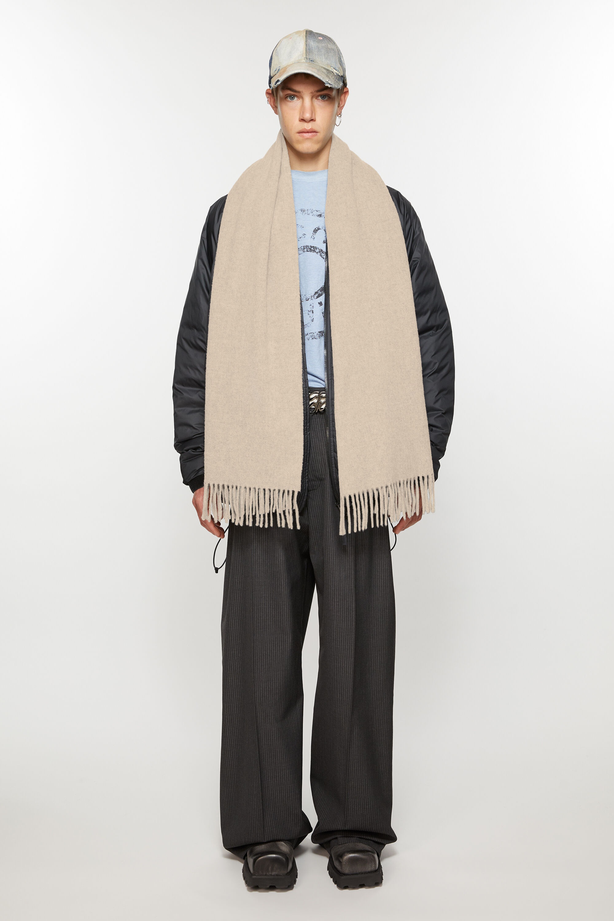 Fringe wool scarf – Narrow - Oatmeal melange - 3