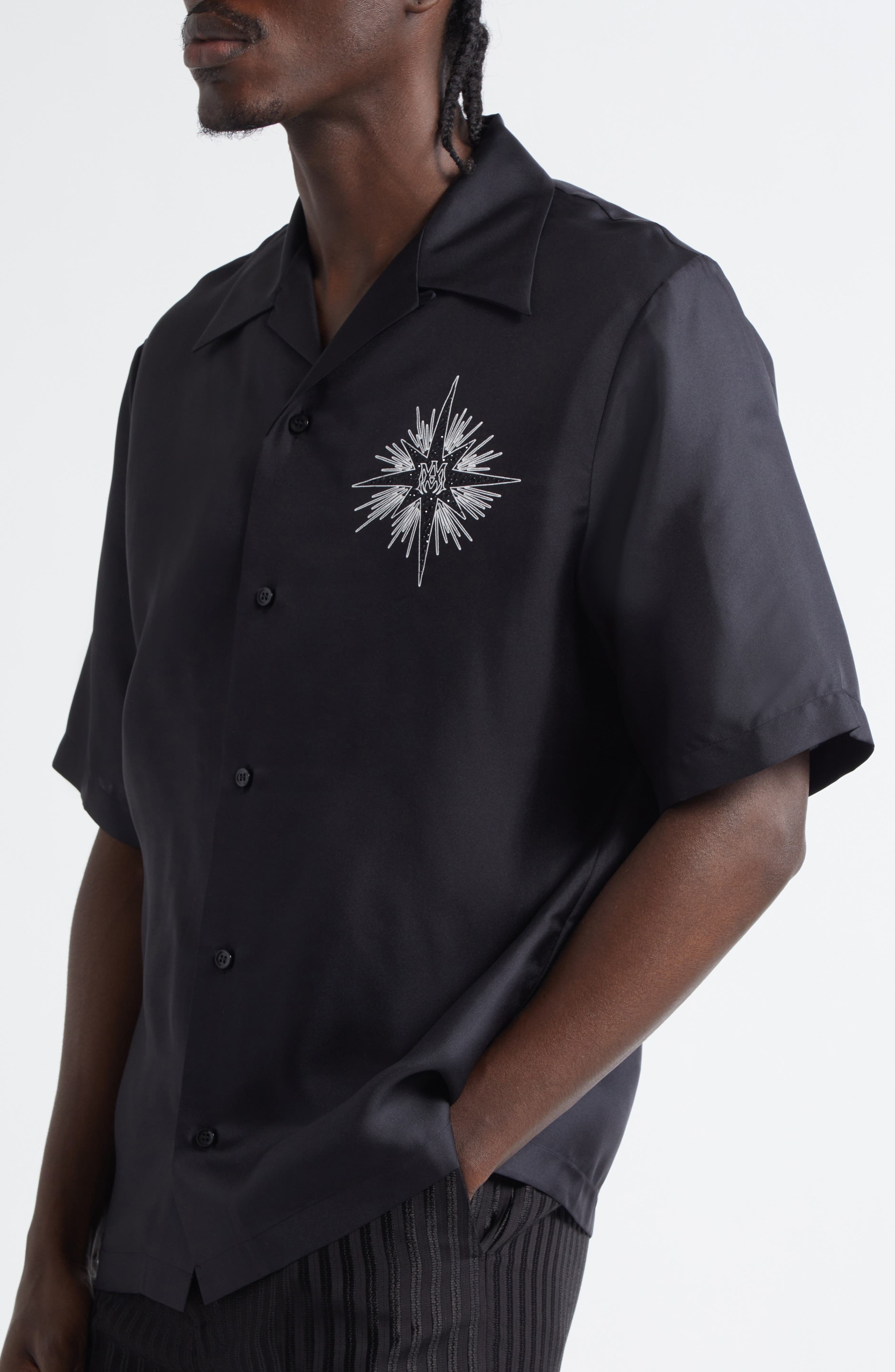 AMIRI Starburst Crystal Silk Camp Shirt in Black at Nordstrom - 5