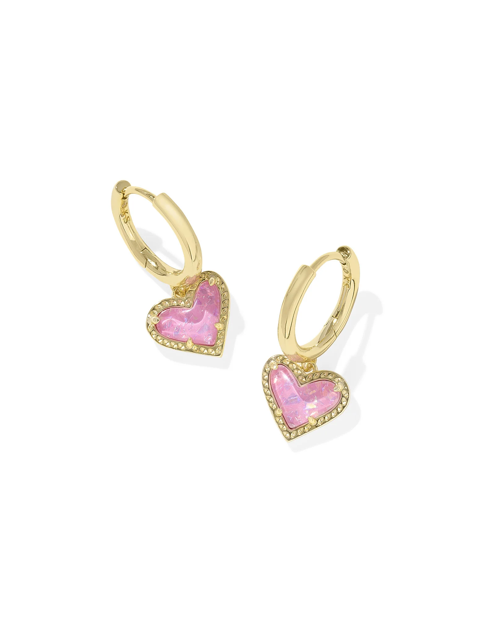 Ari Heart Gold Huggie Earrings in Pink Iridescent Glitter Glass - 1
