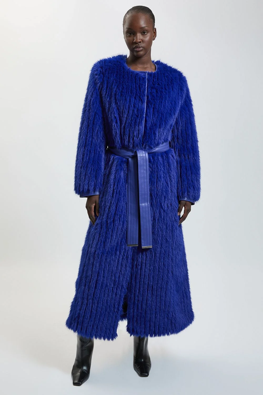 Textured Faux Fur Belted Collarless Long Coat - 1