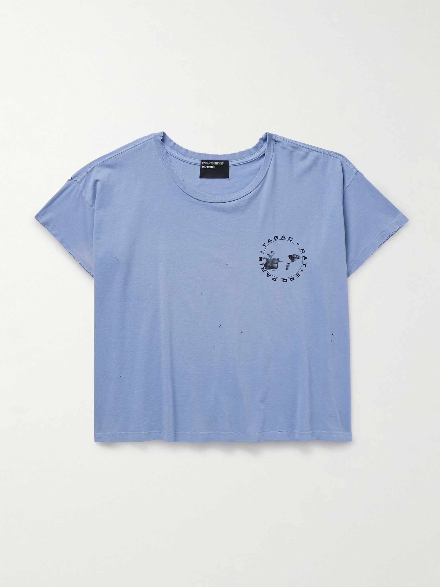 Cropped Distressed Logo-Print Garment-Dyed Cotton-Jersey T-Shirt Blue - 1