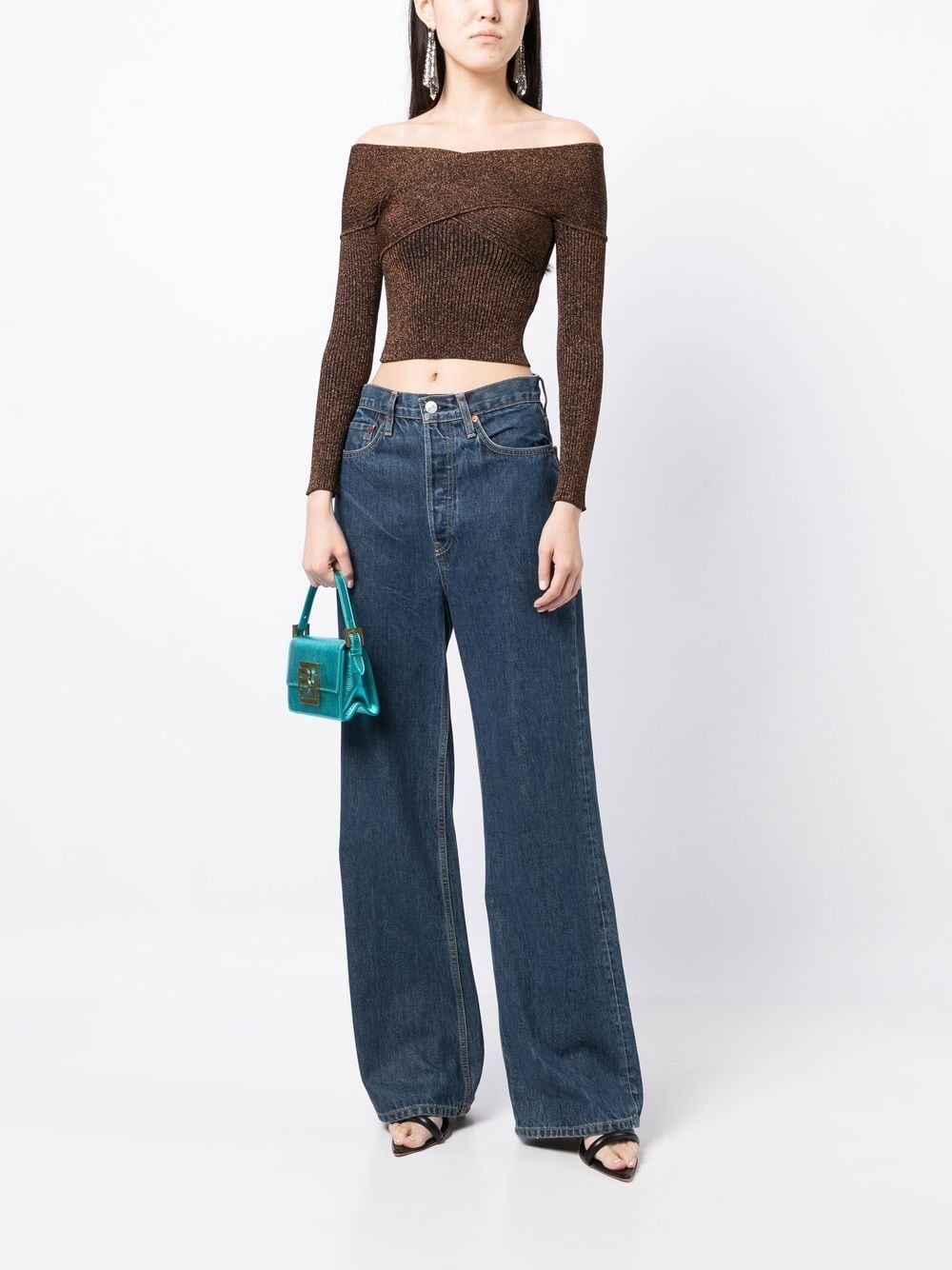 off-shoulder metallic knitted top - 2
