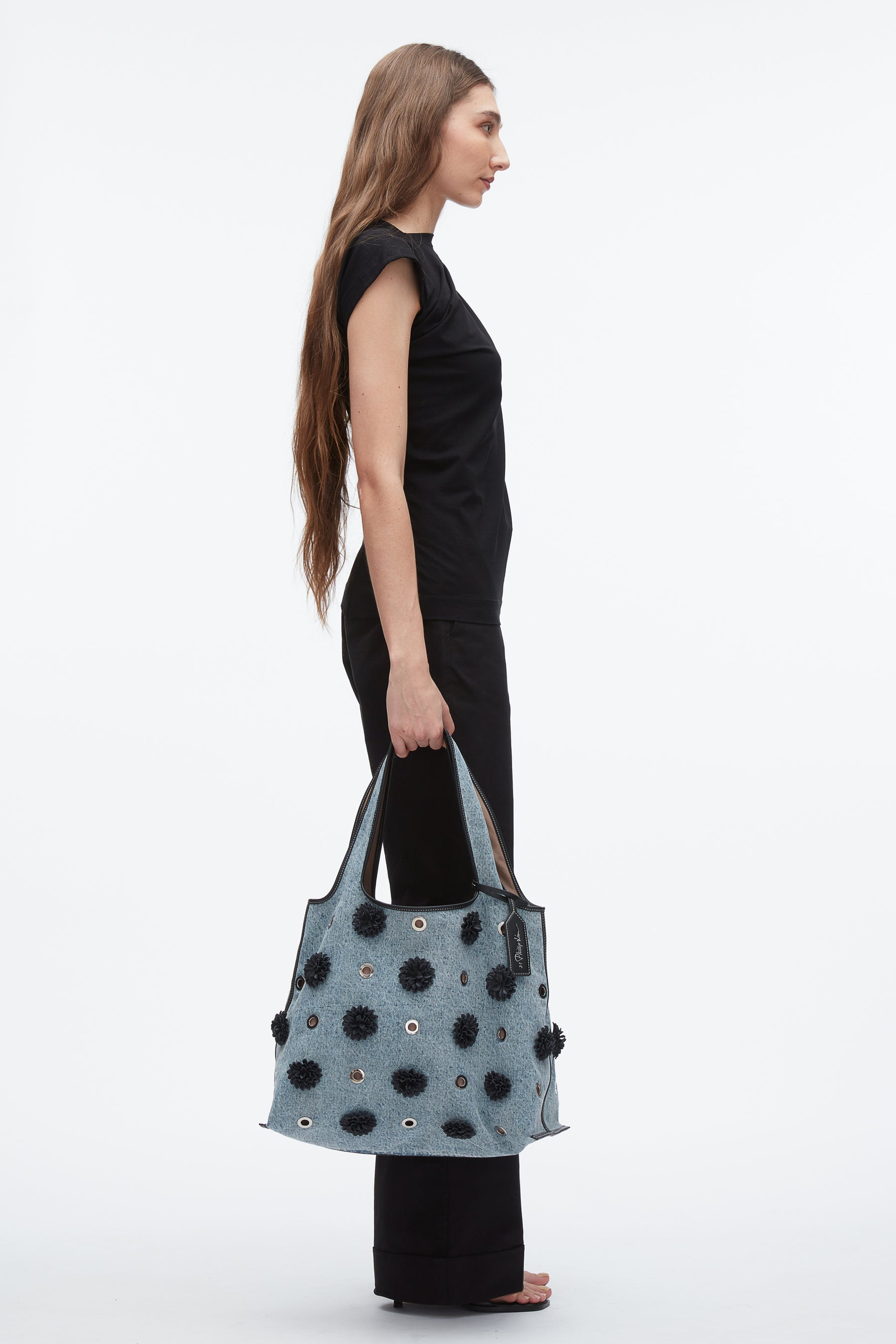 Denim Market Tote with Leather Flowers - 5