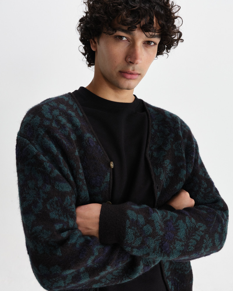Alban - Black And Green Floral Textured Jacquard Cardigan 3