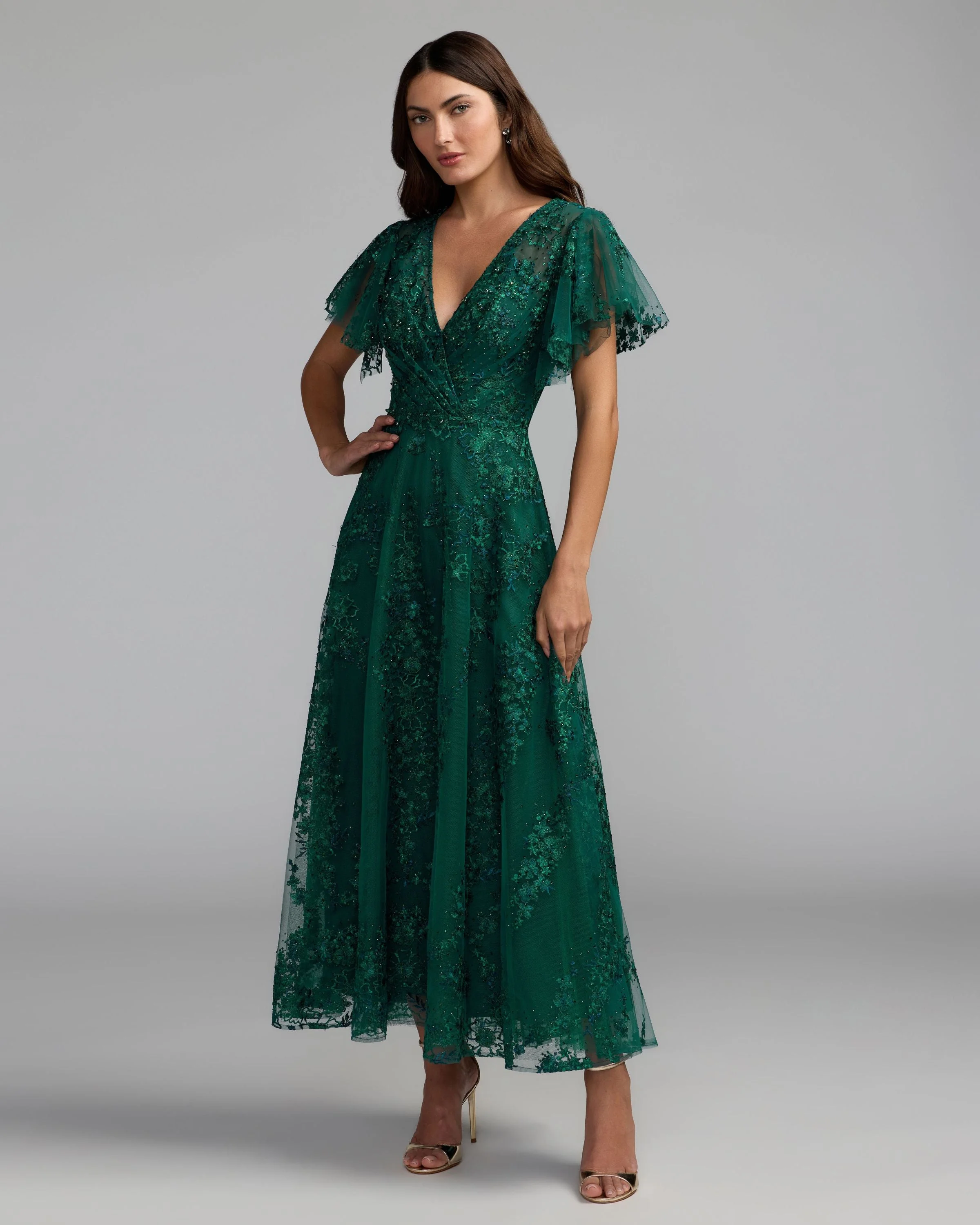Emerald Embroidered Flutter Sleeve A Line Cocktail Dress - 1