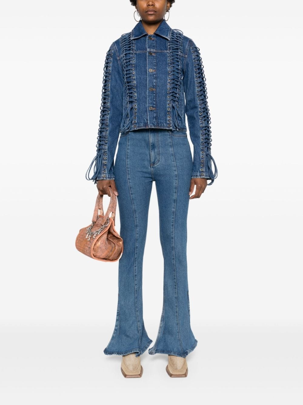 lace up-embellished denim jacket - 2