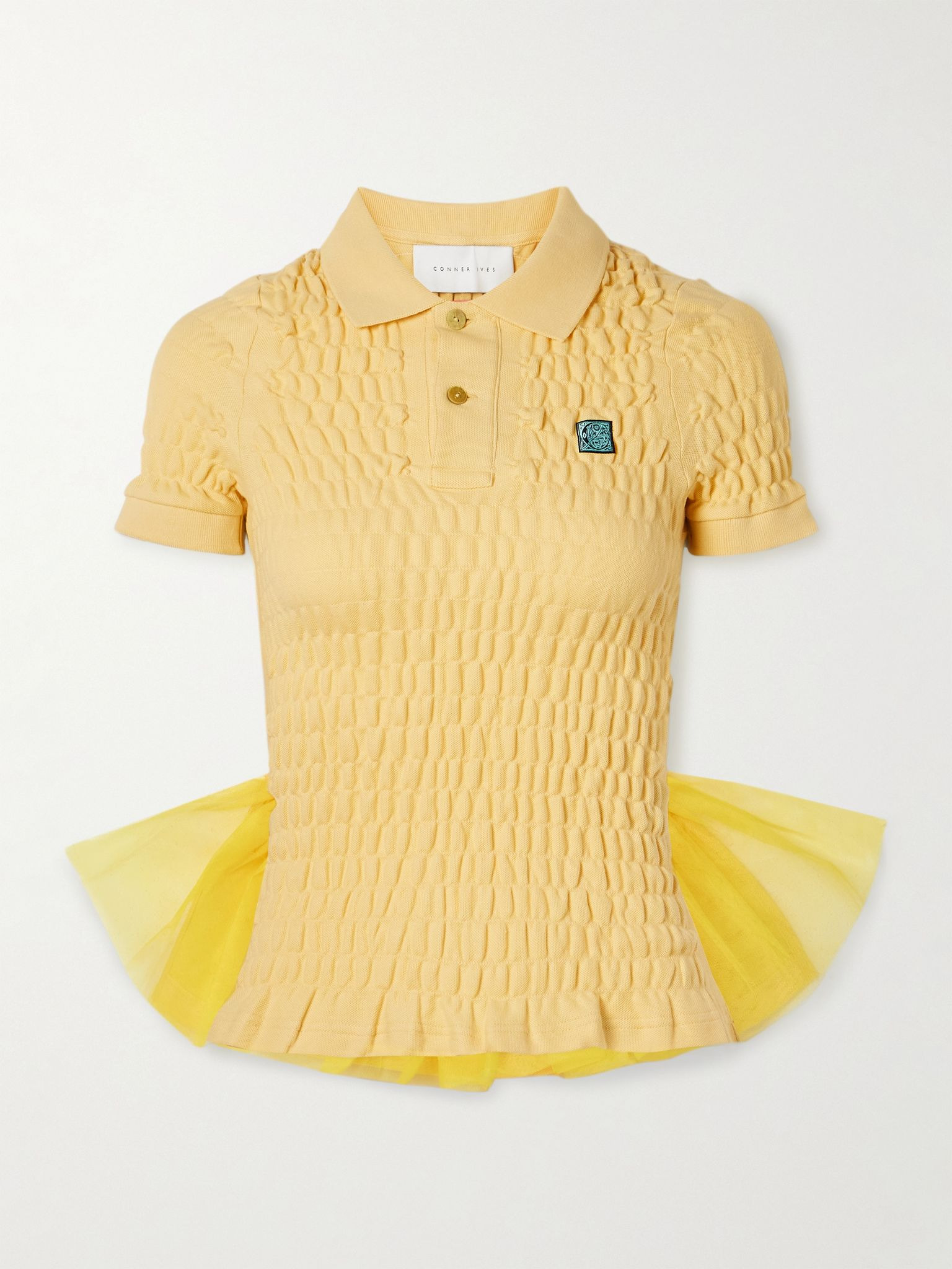Tulle-trimmed shirred organic cotton-piqué shirt Yellow - 1