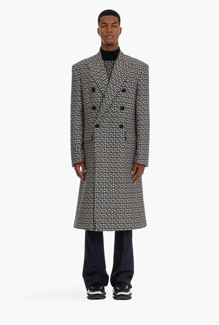 Bicolor ivory and black double-breasted coat with Balmain monogram - 4