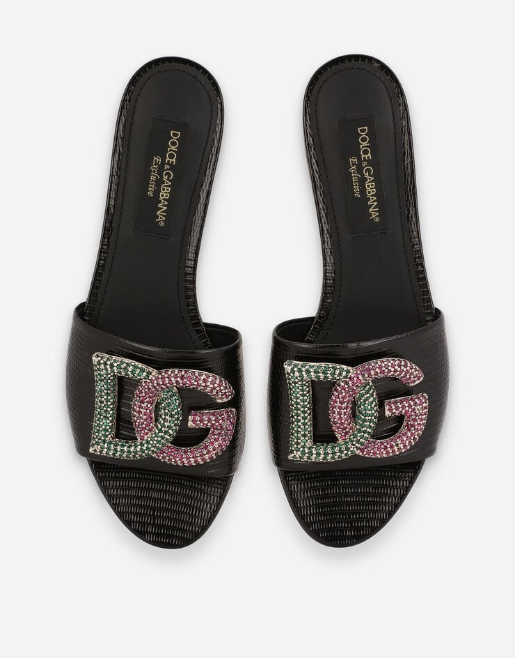 Iguana-print calfskin sliders with rhinestone-detailed DG logo - 4