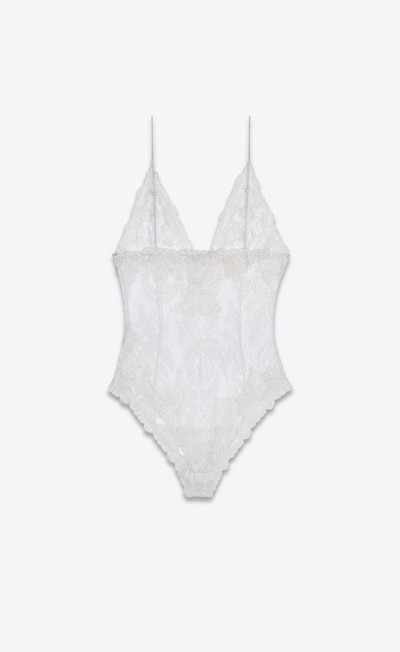 SAINT LAURENT plunging v-neck bodysuit in fern medallion lace outlook