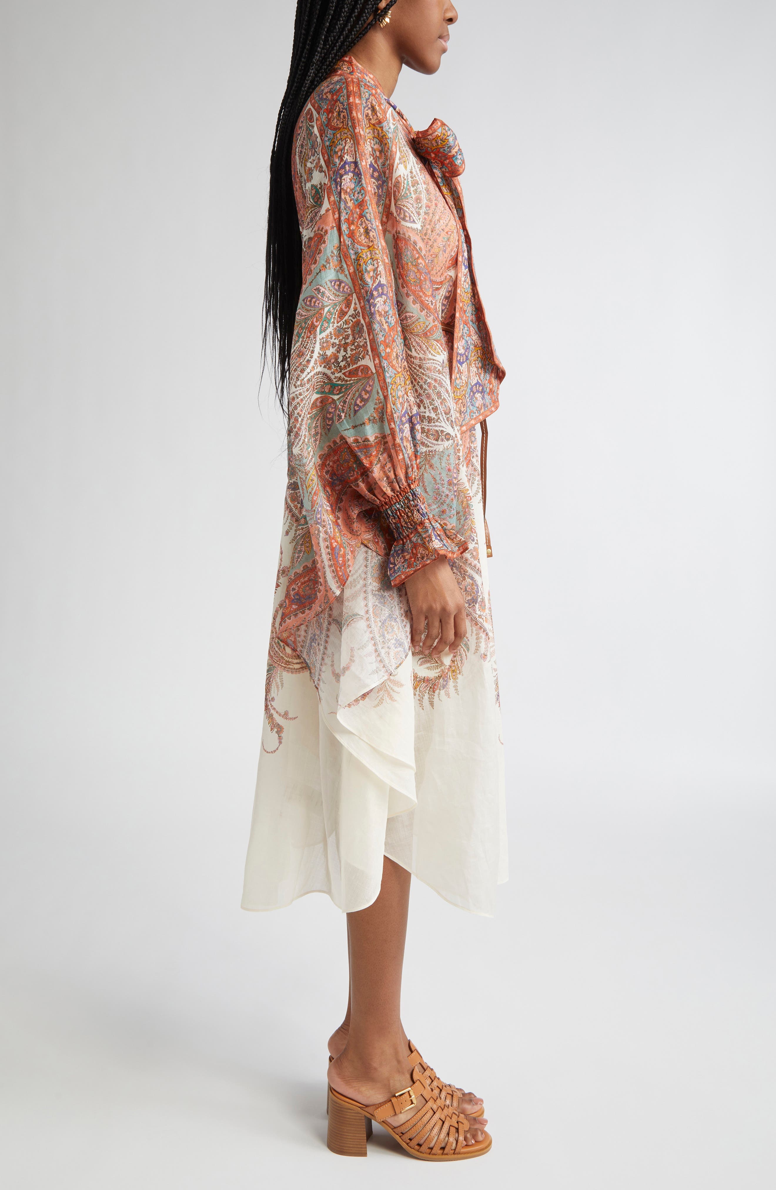 Zimmermann Rhiannon Paisley Tie Neck Long Sleeve Midi Dress in Cream Paisley at Nordstrom - 3