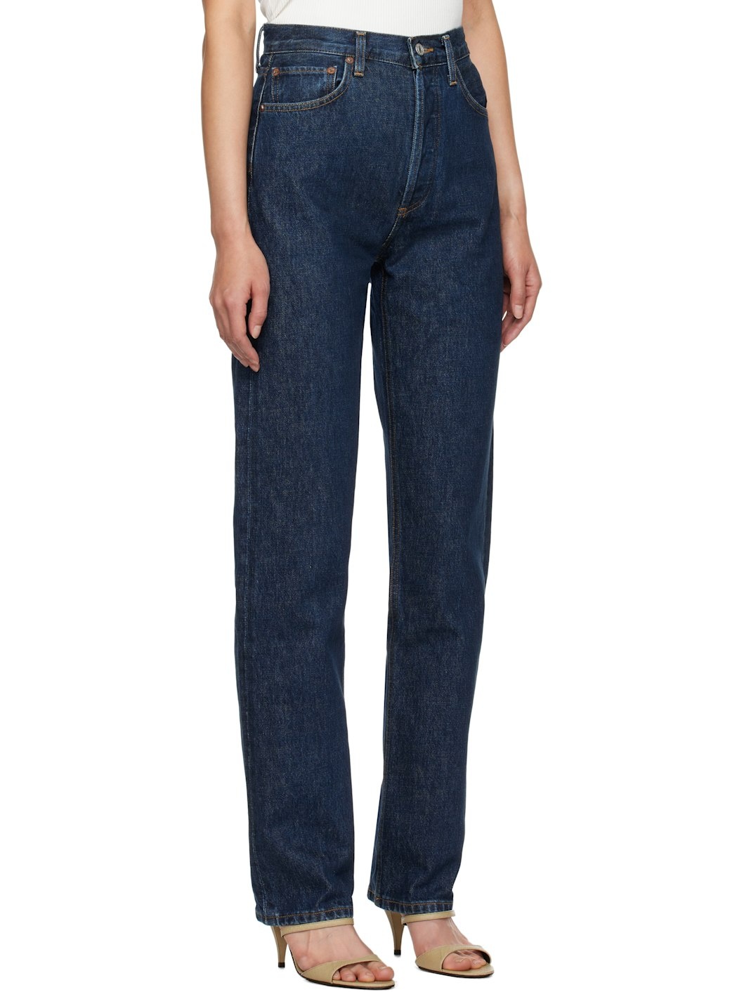 Blue 90's Pinch Waist High Rise Straight Long Jeans - 2