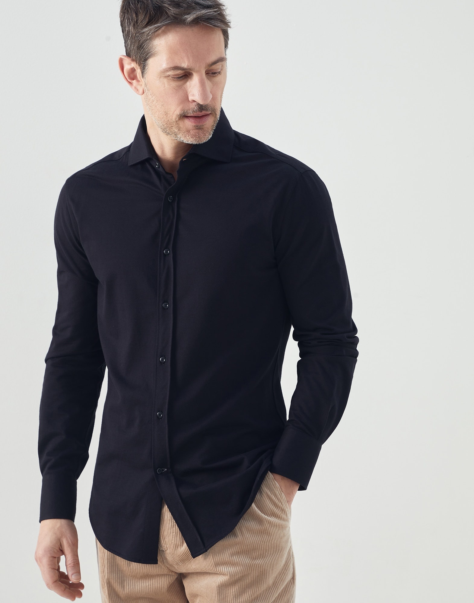 Cotton piqué slim fit shirt with spread collar - 1