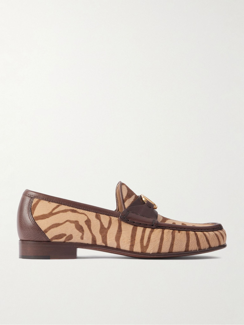 Logo-Embellished Leather-Trimmed Tiger-Print Calf Hair Loafers Brown 1