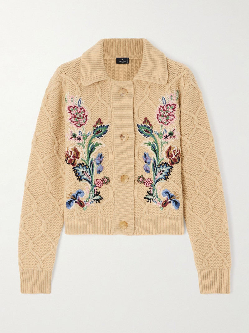 Embroidered cable-knit wool and cashmere-blend cardigan Beige 1