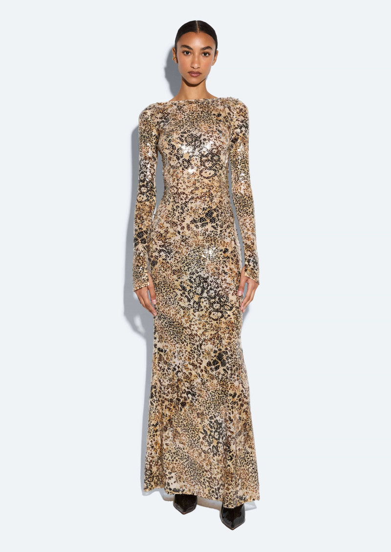 LAPOINTE Leopard Sequin Boatneck Gown outlook