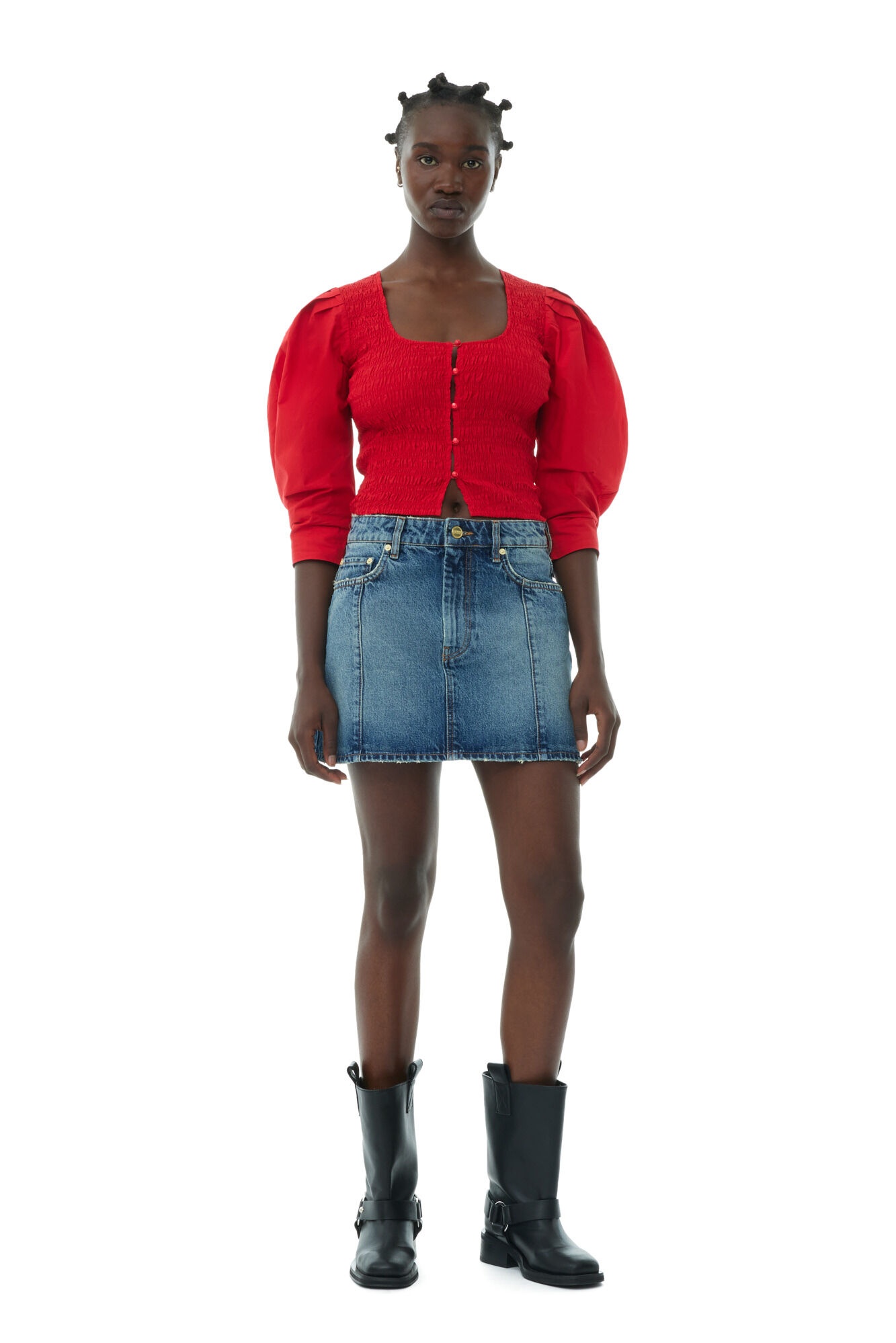 RED COTTON POPLIN SMOCK BLOUSE - 4