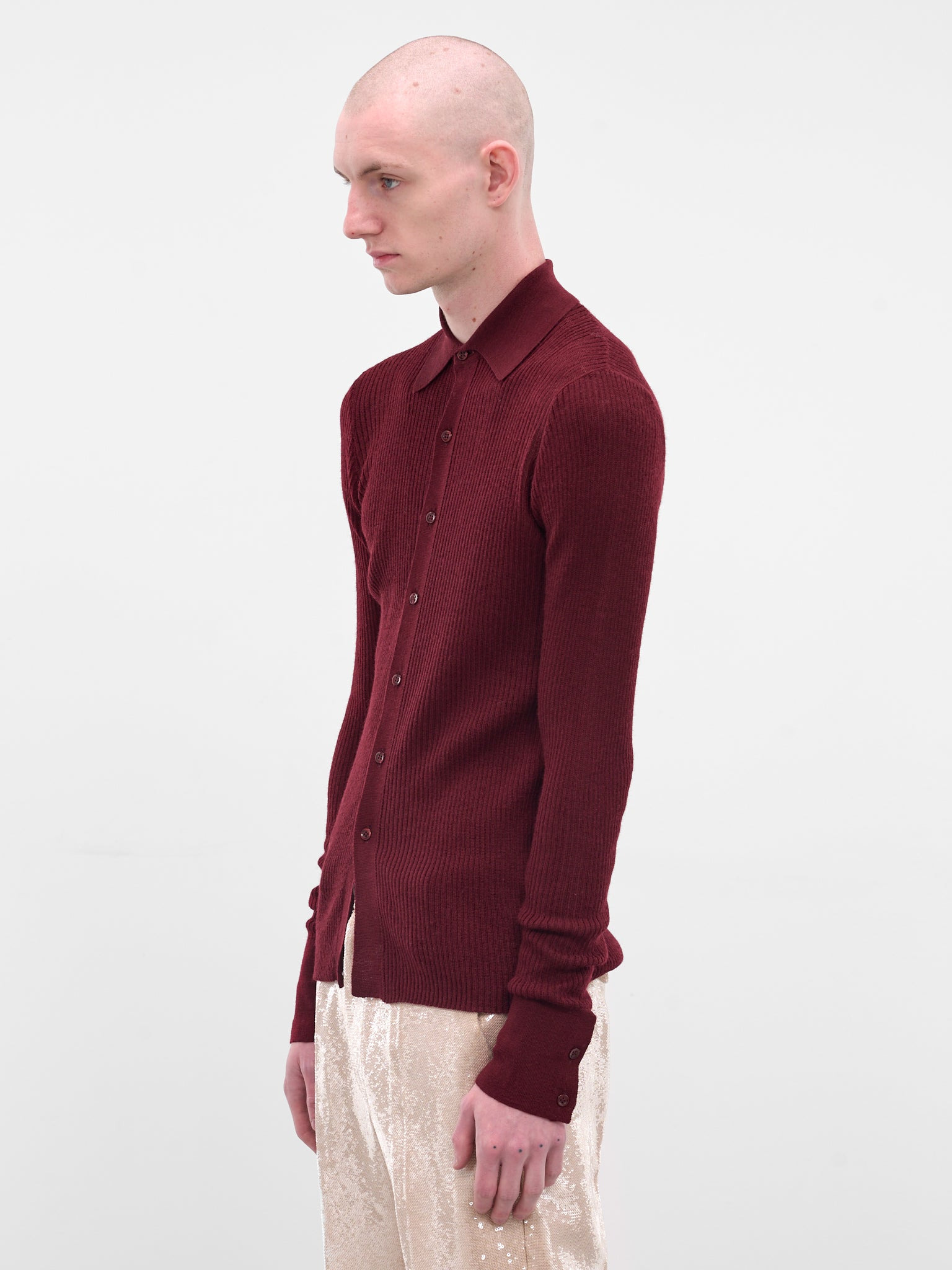 Red Rib-Knit Button-Up Shirt - 2
