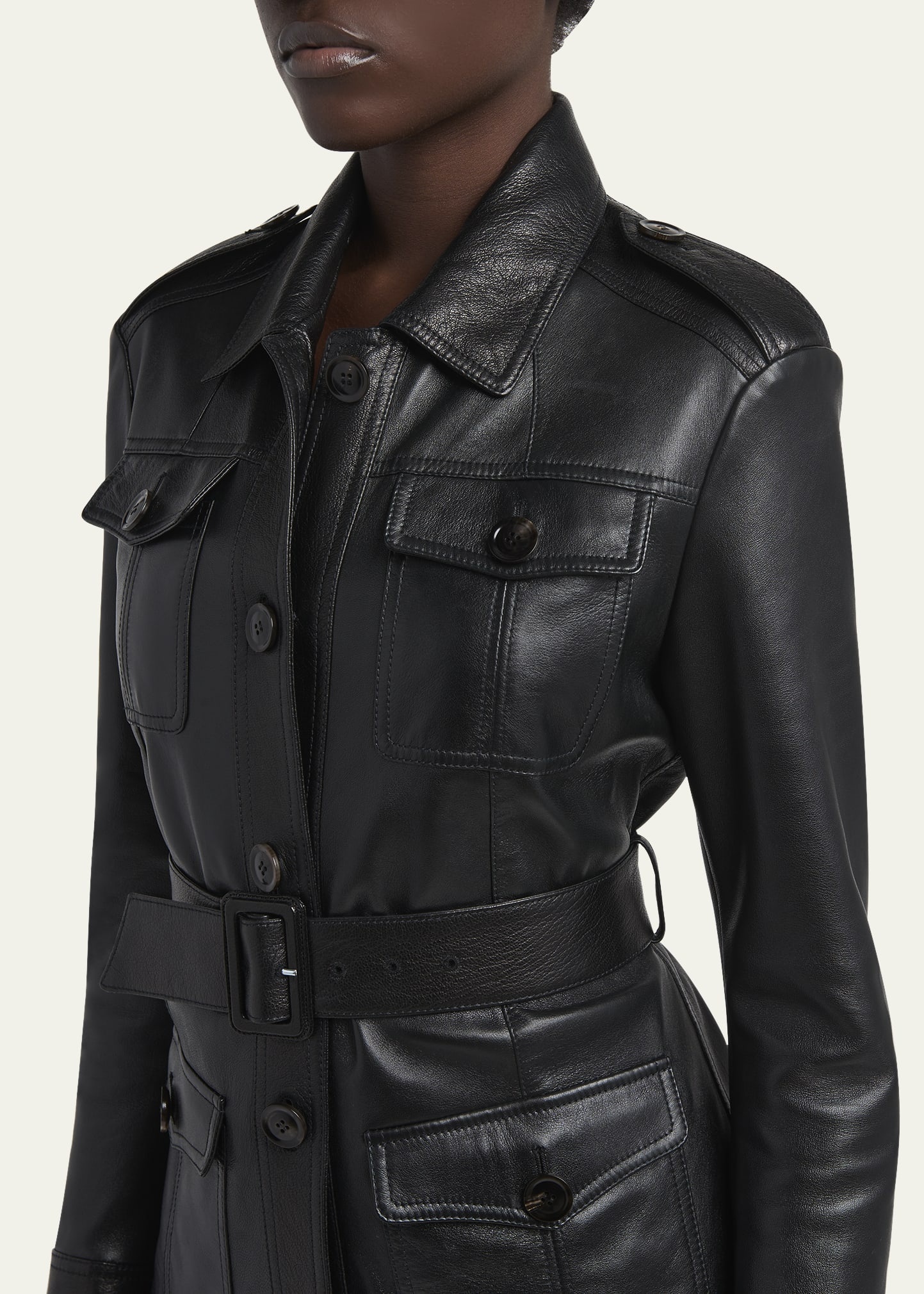 Belted Button Down Leather Jacket - 5