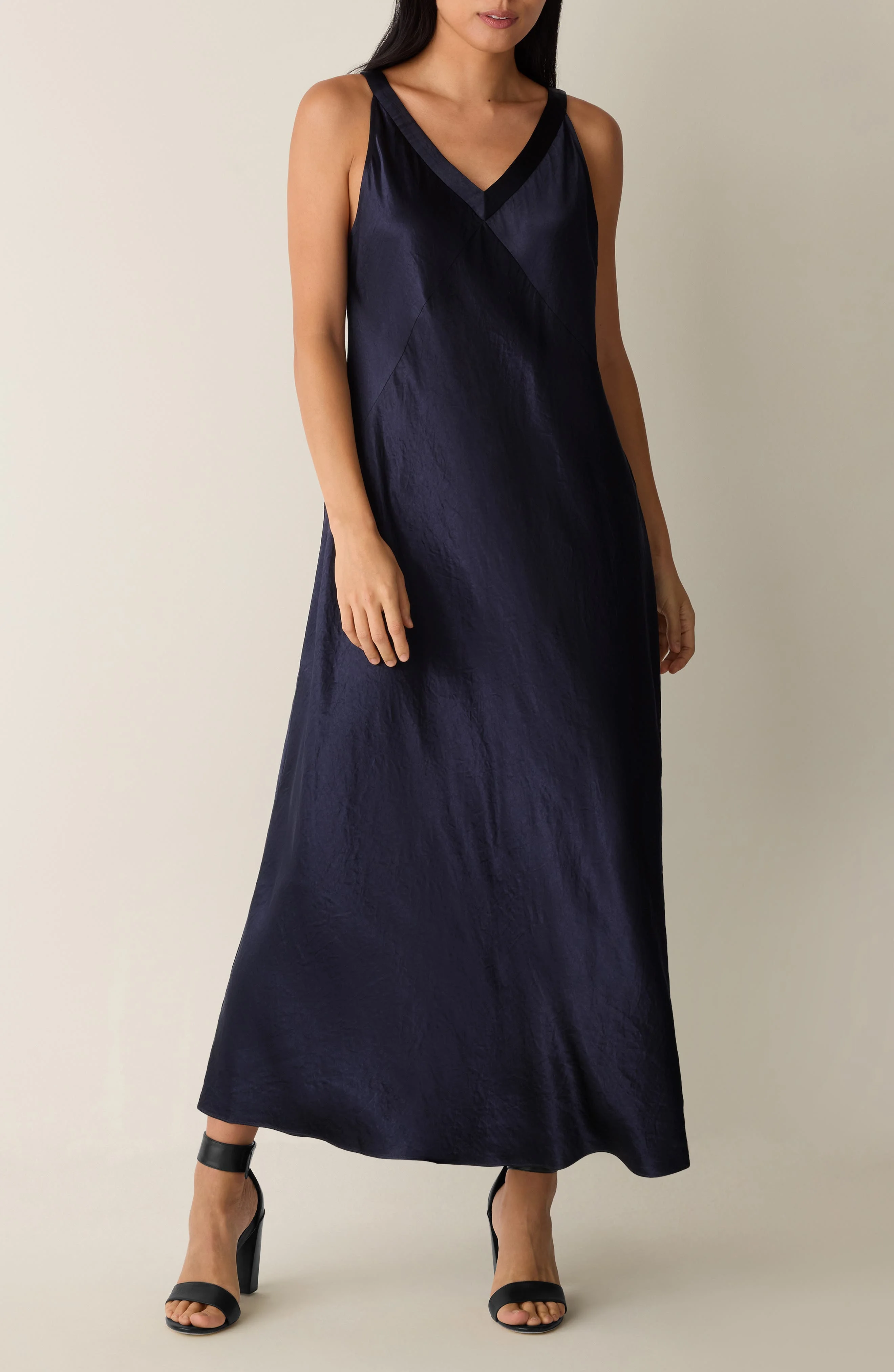 Eileen Fisher V-Neck Crinkled Satin Midi Dress at Nordstrom - 1