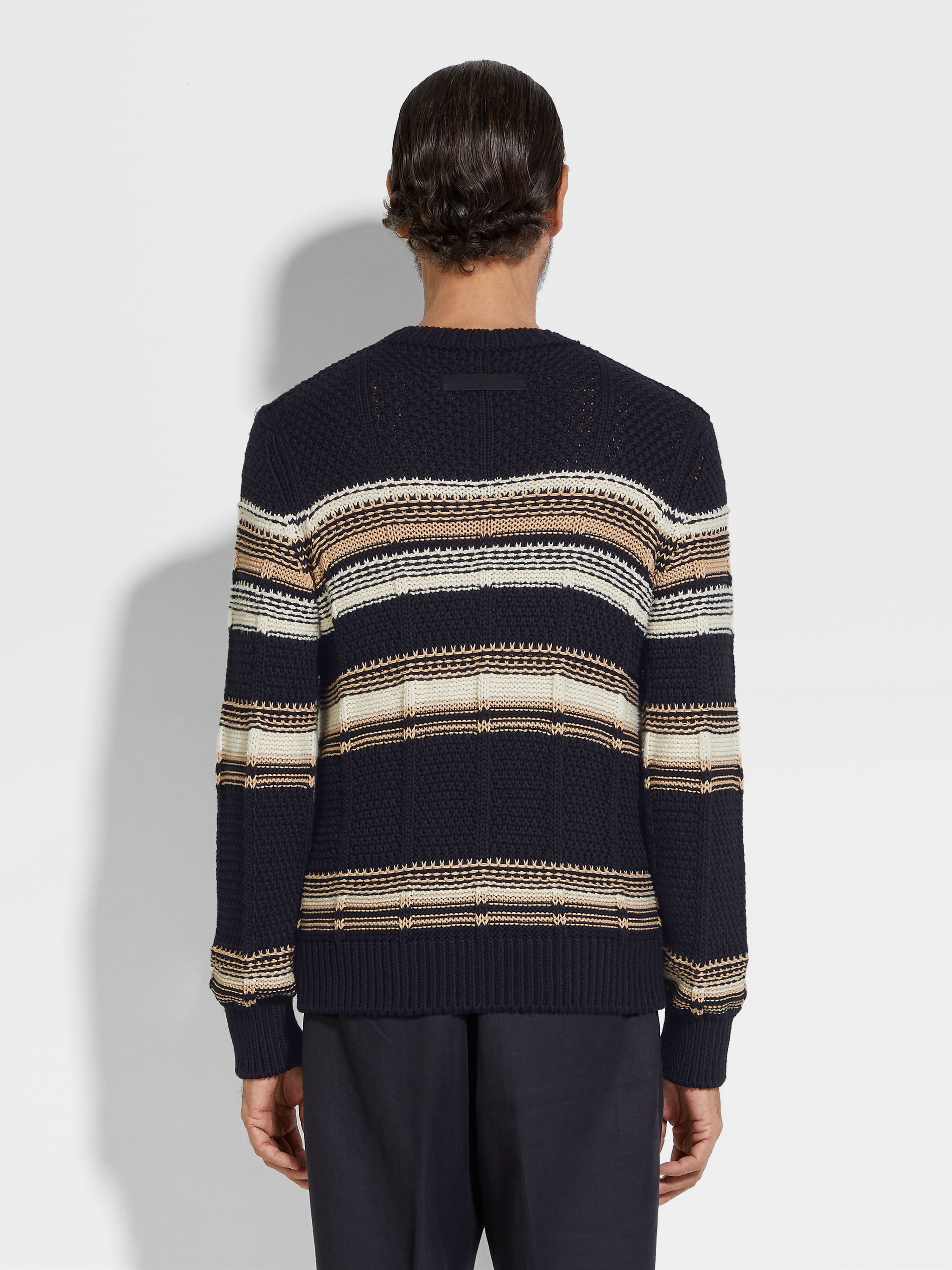 NAVY BLUE WHITE AND LIGHT BEIGE COTTON SILK AND LINEN CREWNECK - 5