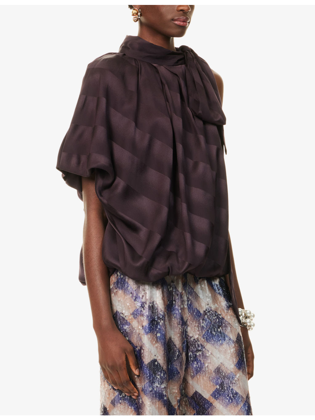 One-Sleeve Puffball Silk Top - 3