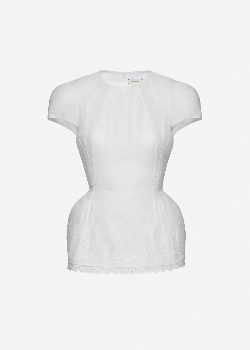 Embroidered cotton and linen top in white 1