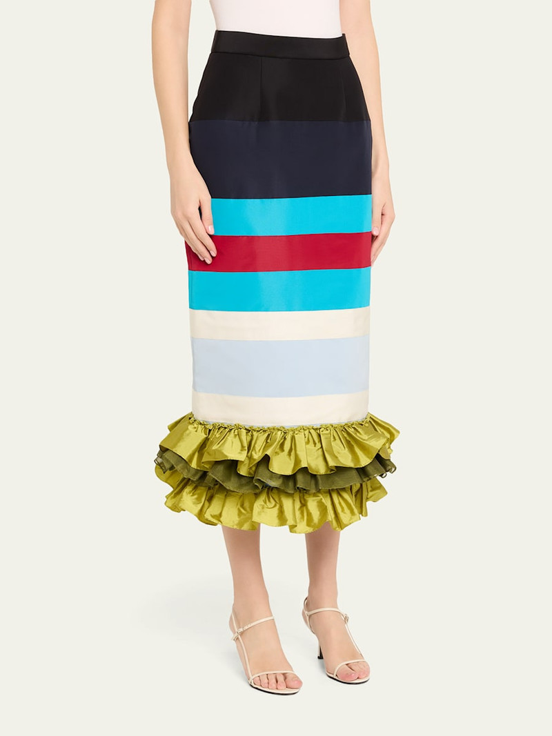 CHRISTOPHER JOHN ROGERS Striped Embroidered Ruffle-Hem Midi Skirt outlook