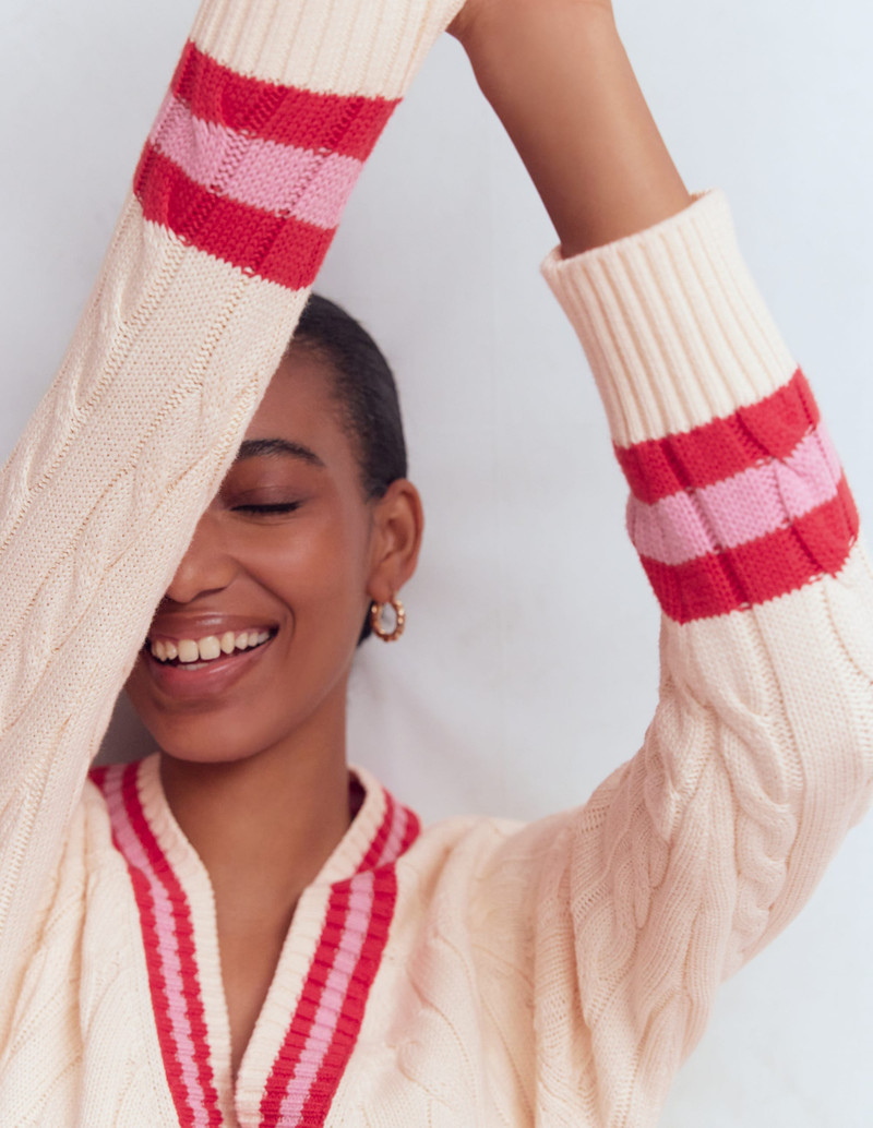 Maeve Textured Cotton Jumper-Ivory Cable, Red 5